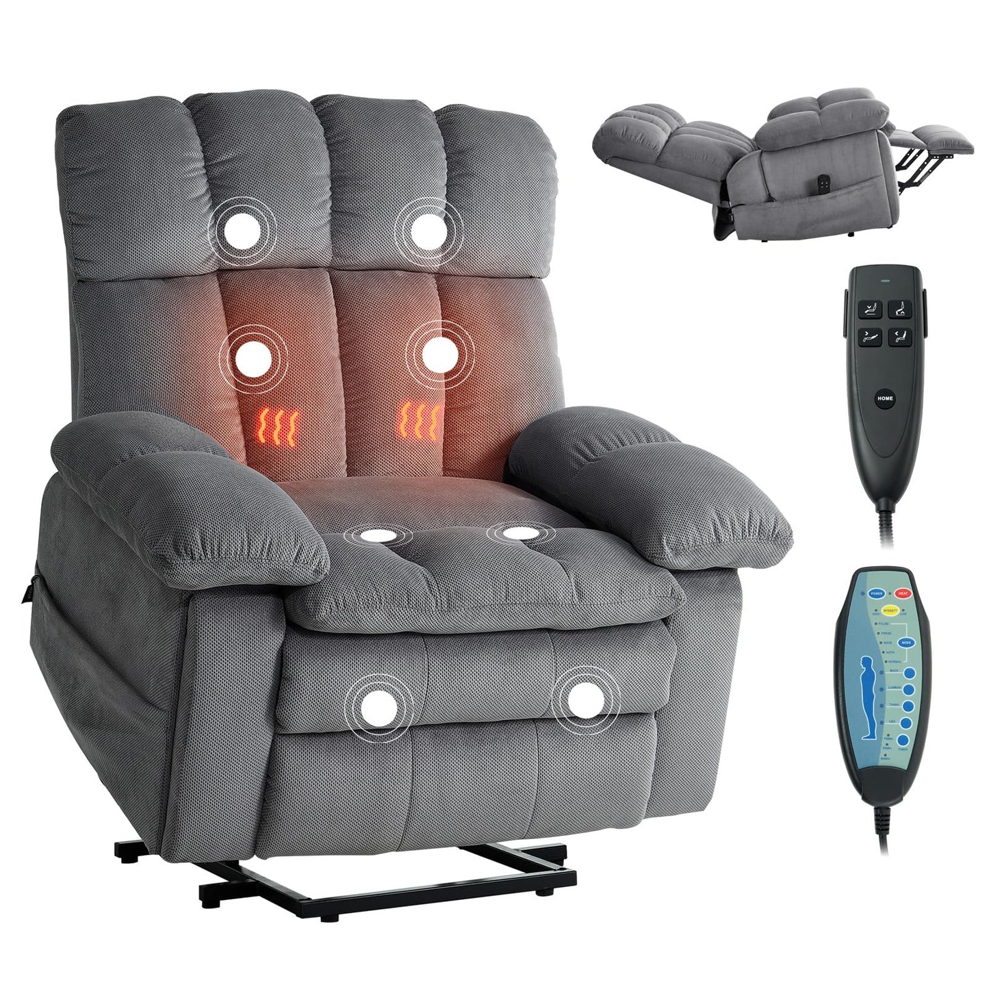 VEVOR Oversized Power Lift Recliner Chairs, Dual Motor Lift Chair with Heat and Massage for Elderly, Position Adjustable, with Side Pockets, Cup Holders and USB Port, Chenille Fabric, Light Gray