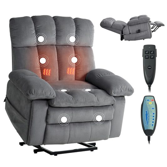 VEVOR Oversized Power Lift Recliner Chairs, Dual Motor Lift Chair with Heat and Massage for Elderly, Position Adjustable, with Side Pockets, Cup Holders and USB Port, Chenille Fabric, Light Gray