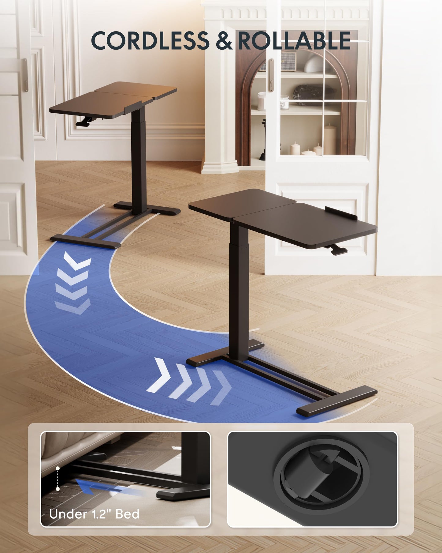 FLEXISPOT Adjustable Height C-Shaped End Table with Split Tilting Top – Mobile Side Table for Sofa & Bedside, Slides Under Furniture, Hidden Wheels for Small Spaces(31.6" W x 15.7" D,Black)