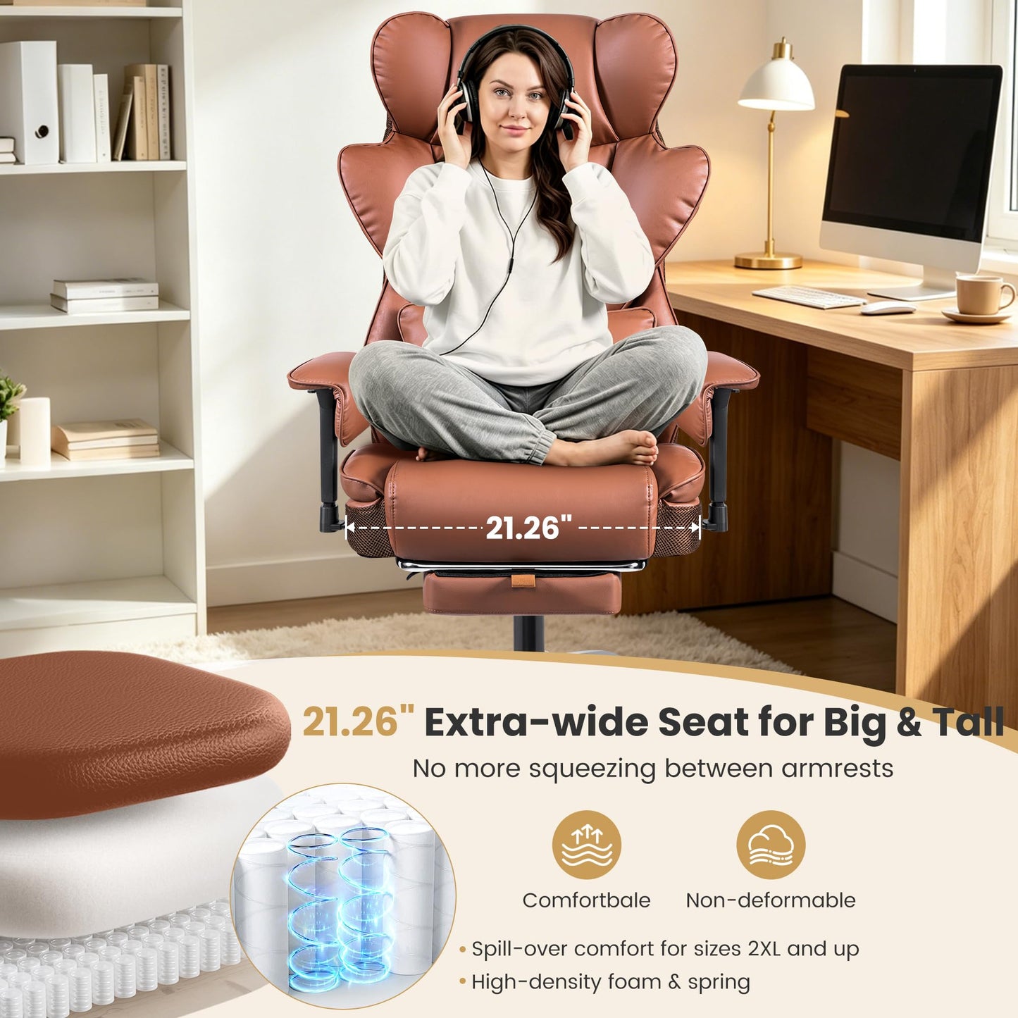 Stella Mia Big & Tall Executive Office Chair, Ergonomic High Back Heavy Duty Computer Chair with Retractable Footrest and Wide Seat, Brown 2 Pack