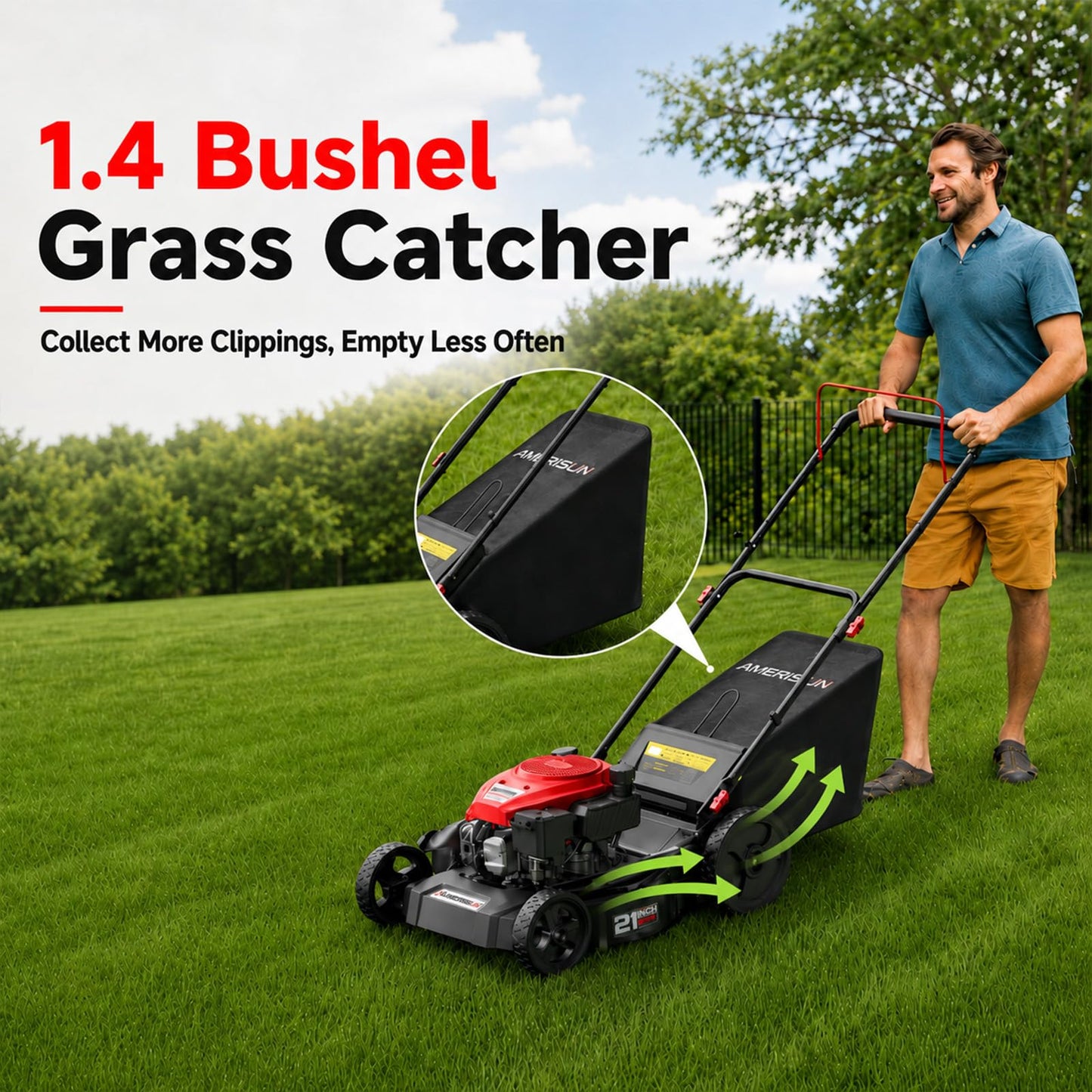AMERISUN 21-Inch Gas Push Lawn Mower for Large Yard, 144cc 4-Stroke Engine, 6-Position Adjustable Cutting Height, 3-in-1 Mulching, Side Discharge & Rear Bag for Garden Landscaping