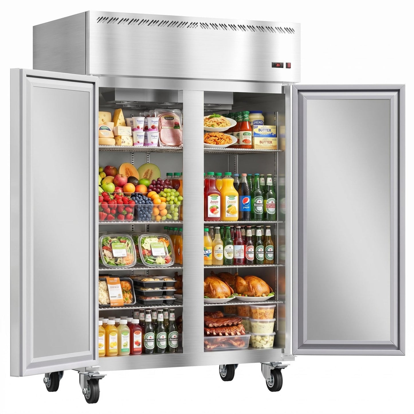 48" Commercial Refrigerator, 36 Cu. Ft 2-Door Reach-in Fridge, Stainless Steel Upright Cooler with 6 Adjustable Shelves, Auto Defrost, Digital Control & Locking Wheels for Restaurant, Cafe & Kitchen