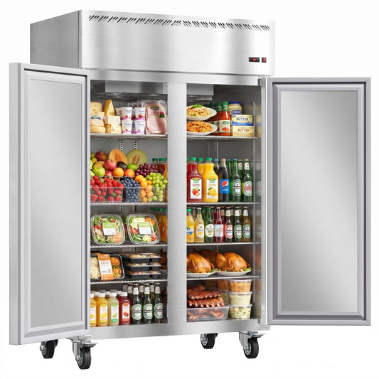 48" Commercial Refrigerator, 36 Cu. Ft 2-Door Reach-in Fridge, Stainless Steel Upright Cooler with 6 Adjustable Shelves, Auto Defrost, Digital Control & Locking Wheels for Restaurant, Cafe & Kitchen