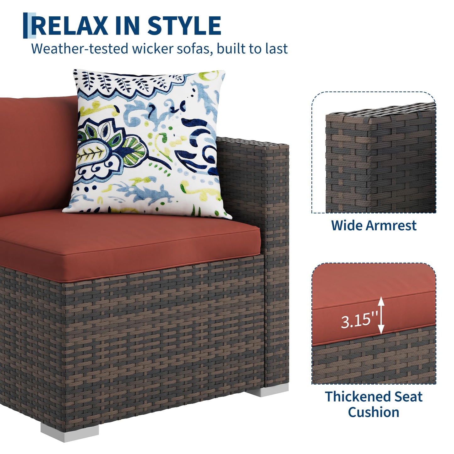 PeakPursuit Outdoor Patio Furniture Set, 5 Pieces Rattan Patio Conversation Sets with Glass Coffee Table and Cushion,All Weather Outdoor Patio Sofa for Garden, Poolside, Backyard,Orange