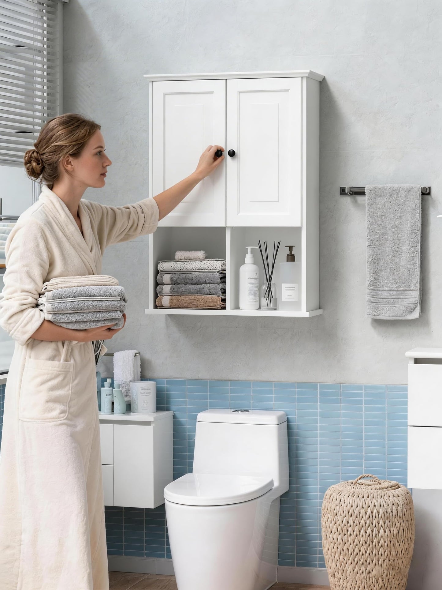 HAIOOU Bathroom Wall Cabinet with Motion Sensor Light, Wooden Medicine Cabinet Wall Mounted, Over the Toilet Bathroom Storage Cabinet with Soft Close Hinges and Adjustable Shelf - Modern White