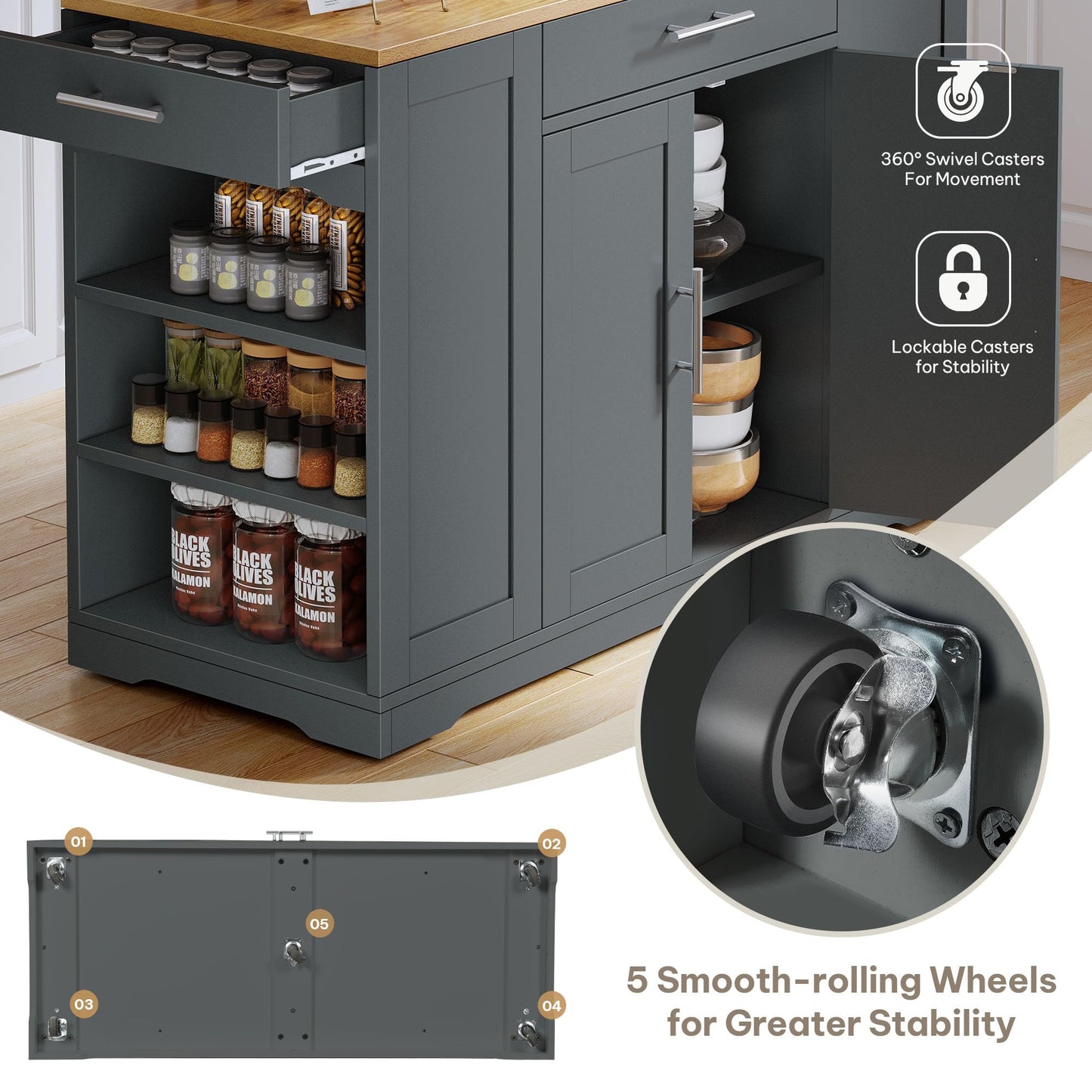 DWVO Large Kitchen Island with Trash Can Cabinet, 53 Inch Kitchen Island on Wheels, Rolling Island with Tilt-Out Garbage Storage Fits 13 Gallon Bin, Spice Rack and Drawer, for Dining Room, Gray