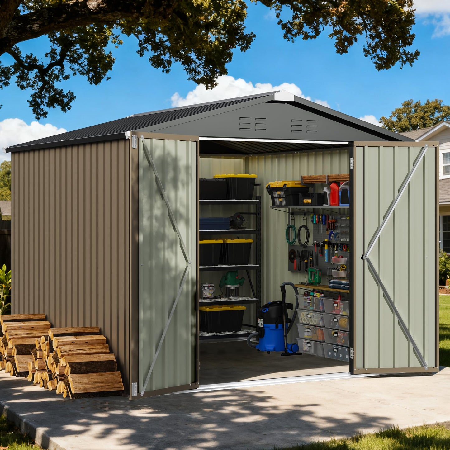 Patiowell 8x8 FT Storage Shed with Lockable Door, Metal Tool Outdoor Sheds with Sloping Roof, Modern Utility Patio Shed for Lawn Garden Backyard, Brown