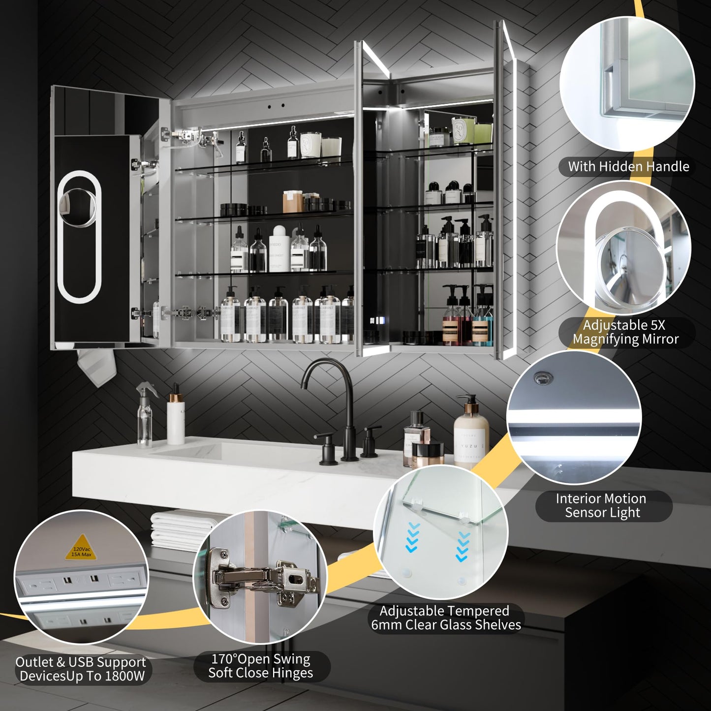 ExBrite 48 x 32 Lighted Medicine Cabinet with Mirror, Front&Backlit led Medicine Cabinet,Clock Temp Display,Defog,5X Magnifier,3 Colors Temper Dimmable,Surface or Recessed Mount,Door Wide Open