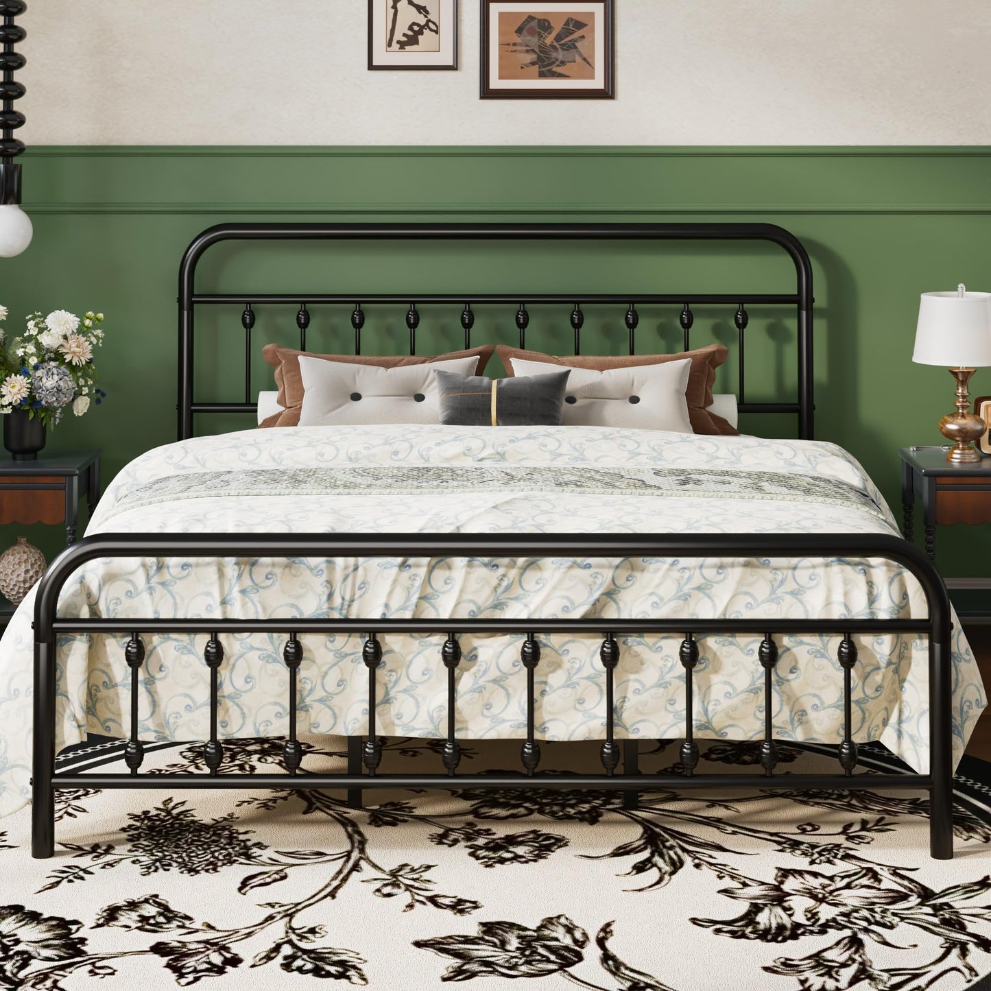 SHA CERLIN King Size Metal Platform Bed Frame with Victorian Style Iron-Art Headboard and Footboard, Easy Assembly, Under Bed Storage, No Box Spring Required, Black