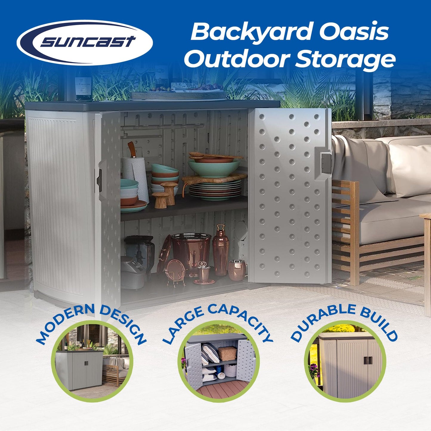 Suncast 130-Gallon Backyard Oasis Basic Unit Lockable Outdoor Storage Cabinet, Peppercorn, Made in the USA