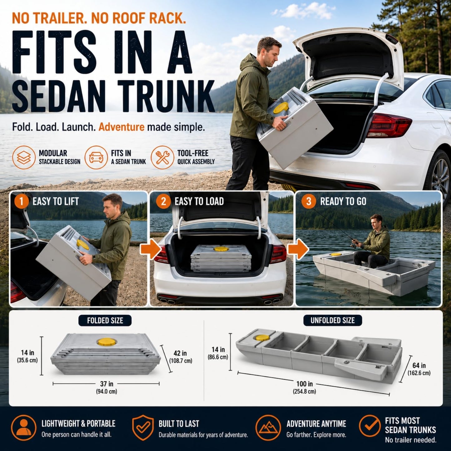 Artigree Fishing Boat, Folding Pontoon Boat, Fits in Car Trunk - Portable Modular Kayak, Seats 2-4, Motor-Ready, Sturdier Than Inflatable Boats - Ideal for Lure Fishing, Paddling Trip (Air, Gray)