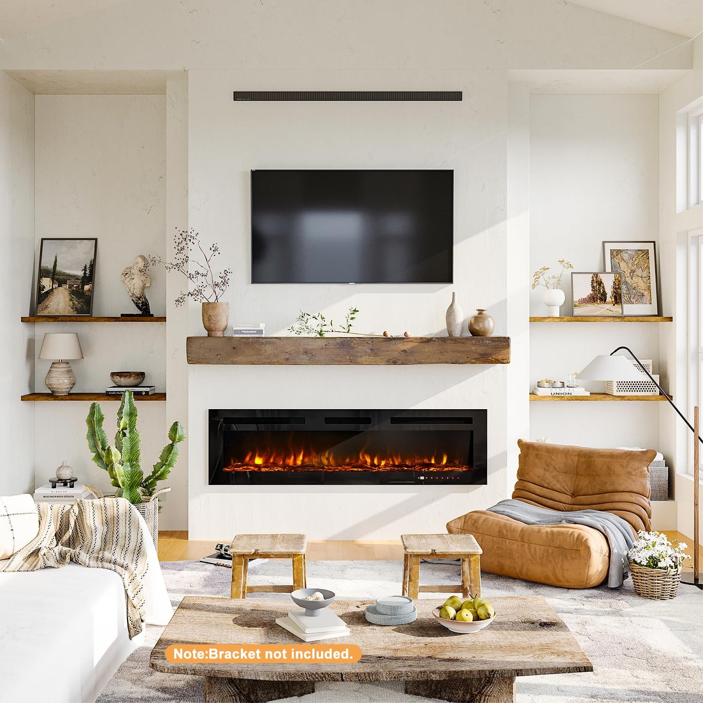 OneBlis Electric Fireplace, 60 inch Wide Recessed/Wall Mounted Electric Fireplace, Remote Control with Timer 12 Adjustable Color Flame, Remote Control, Log Set & Crystal