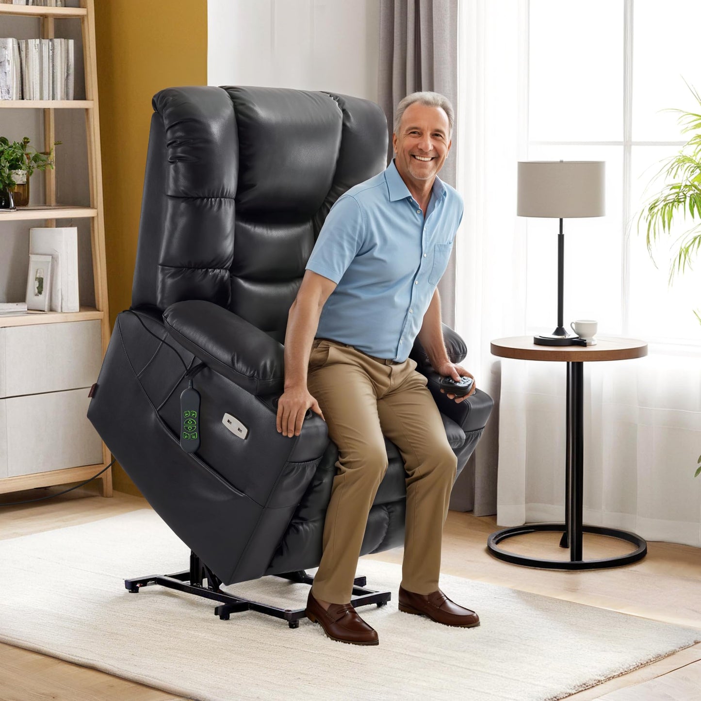 MCombo Triple Motor Lay Flat Power Lift Recliner Chair for Tall Elderly, Infinite Position, Massage, Dual Heating, Adjustable Headrest, Faux Leather 7634 (Black, Large)