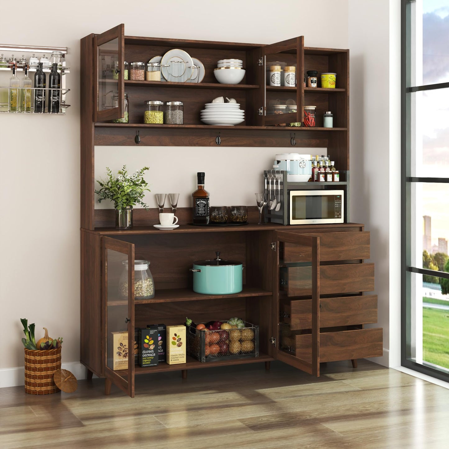 Ball & Cast 63" Large Kitchen Hutch Cabinet with Multi-Layer Shelves and 4 Doors & Drawers,Freestanding Pantry Storage Cupboard with Microwave Shelf,for Kitchen,Apartment,Livingroom,Walnut