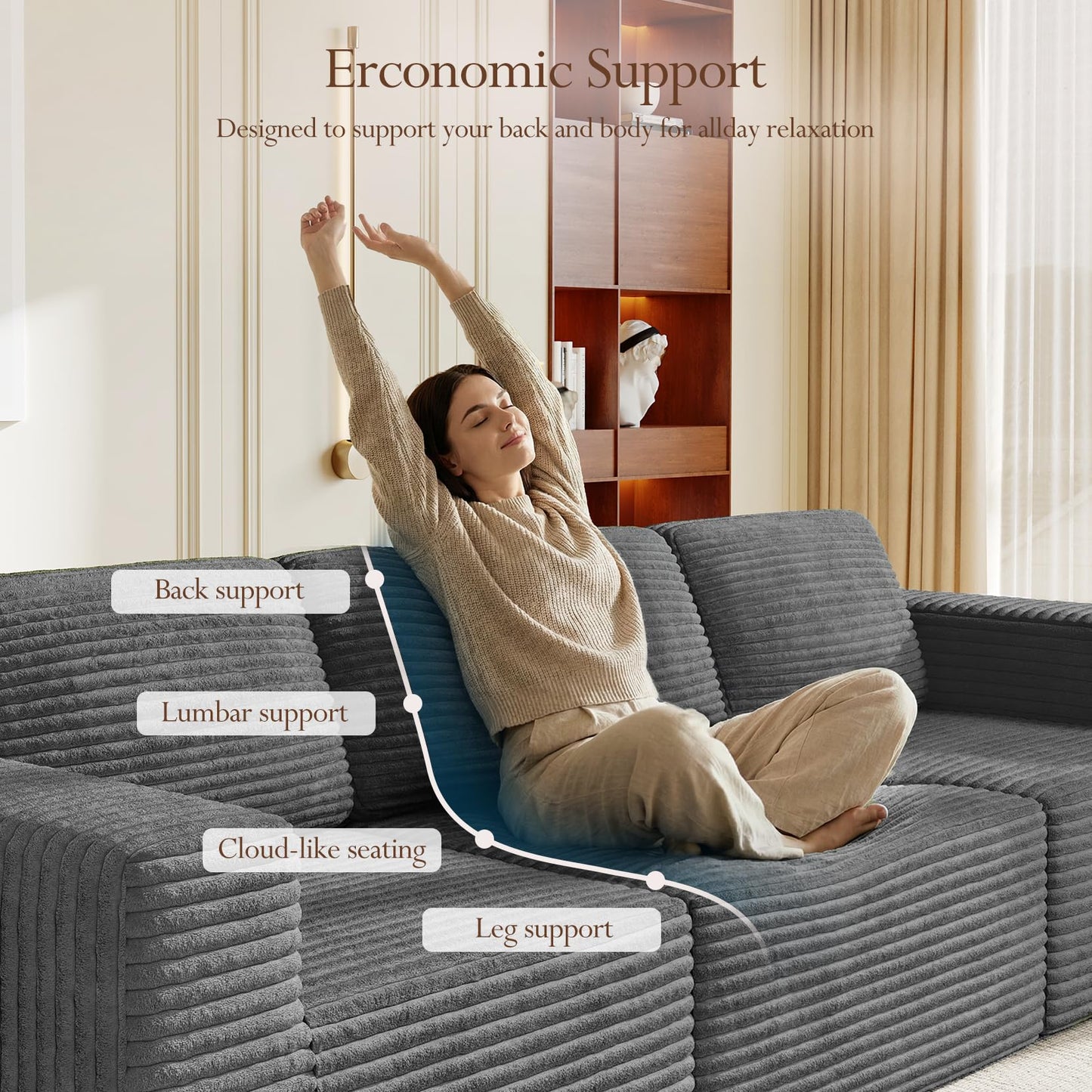 119" Modular Sofa Set, Corduroy Cloud Sectional Couch with Extra Deep Seating & Reinforced Spring System, Compact 3-Seater Boneless Sofa for Living Room & Apartment Spaces, Tool-Free Setup, Grey