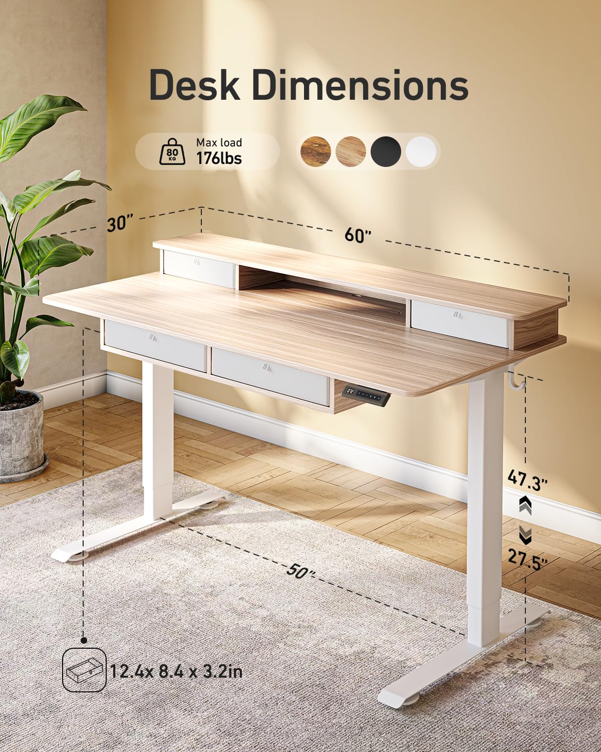 CubiCubi 60" x 30" Standing Desk with Drawers, Height Adjustable Electric Workstation, Computer Sit Stand Up Table with Large Storage Shelf 4 Drawers and 2 Hooks, Light Rustic Brown