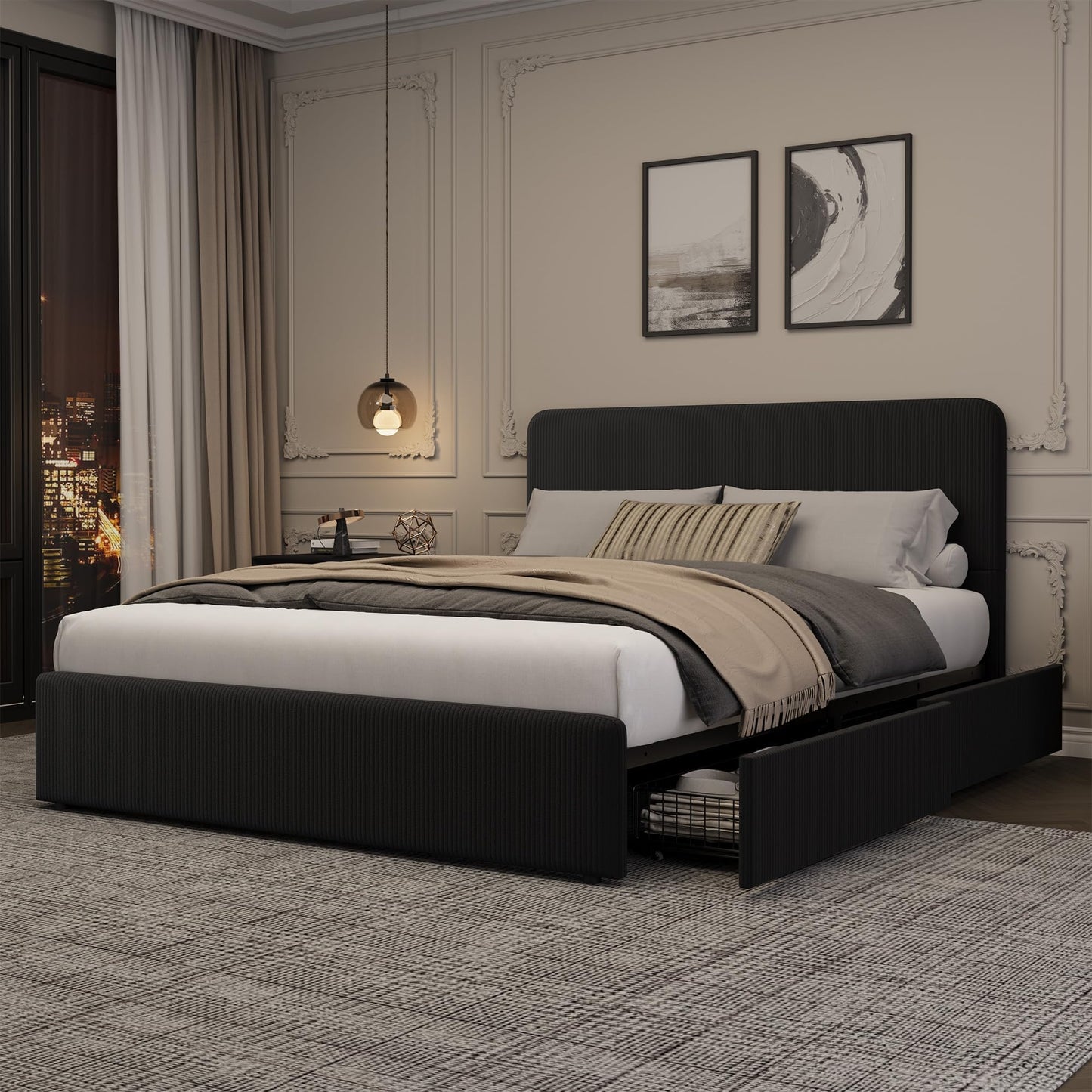 IDEALHOUSE Full Size Platform Bed Frame with Storage Drawers, Upholstered Bed, PU Leather, No Box Spring Needed, Easy Assembly, Modern Bedroom, Black