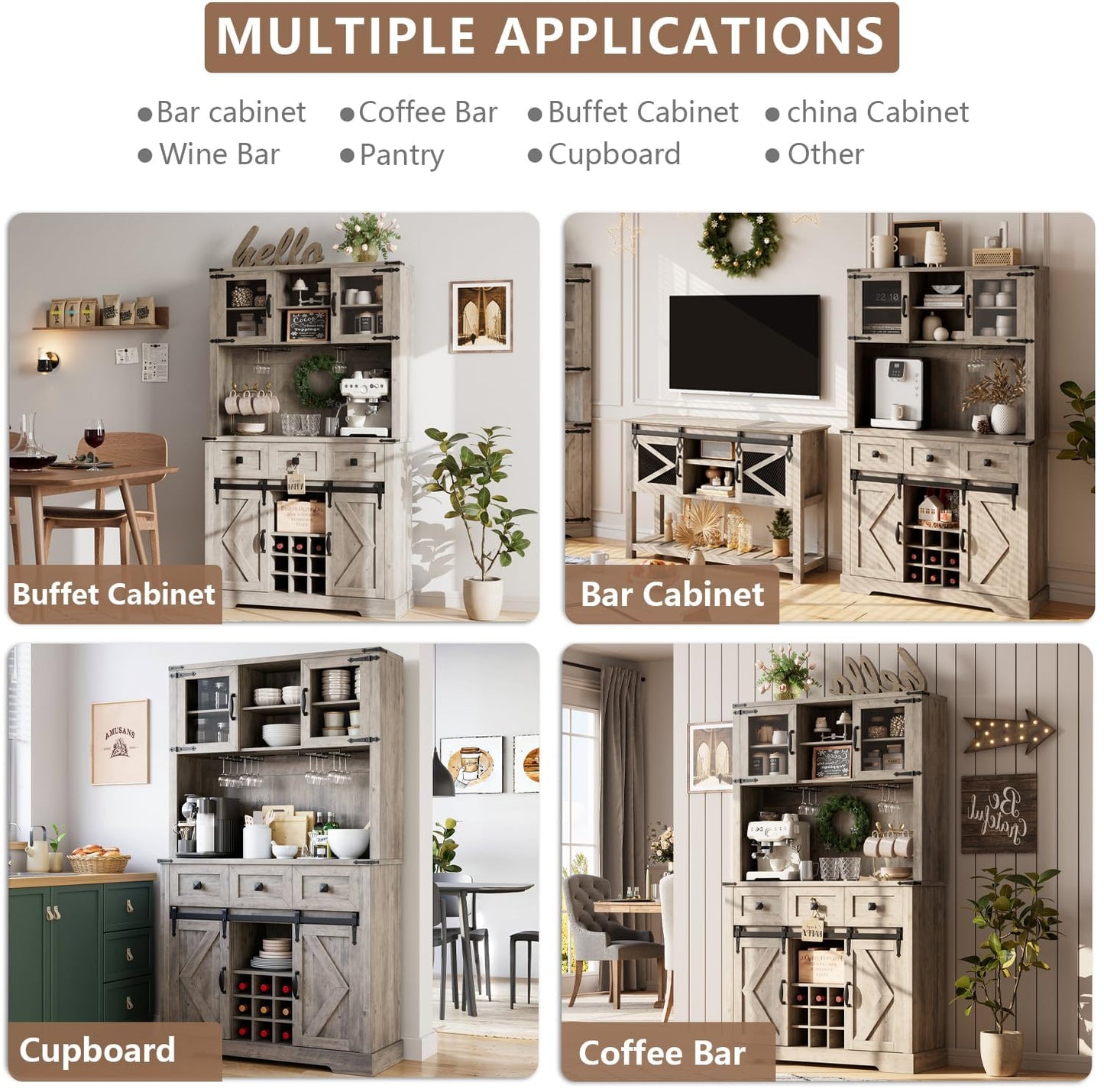 72 in Farmhouse Bar Cabinet with Sliding Barn Door, Tall Kitchen Buffet with Storage Hutch and 3 Drawer, Rustic Coffee Wine Bar Sideboard with Wine & Glasses Rack, for Living Room, Washed Grey