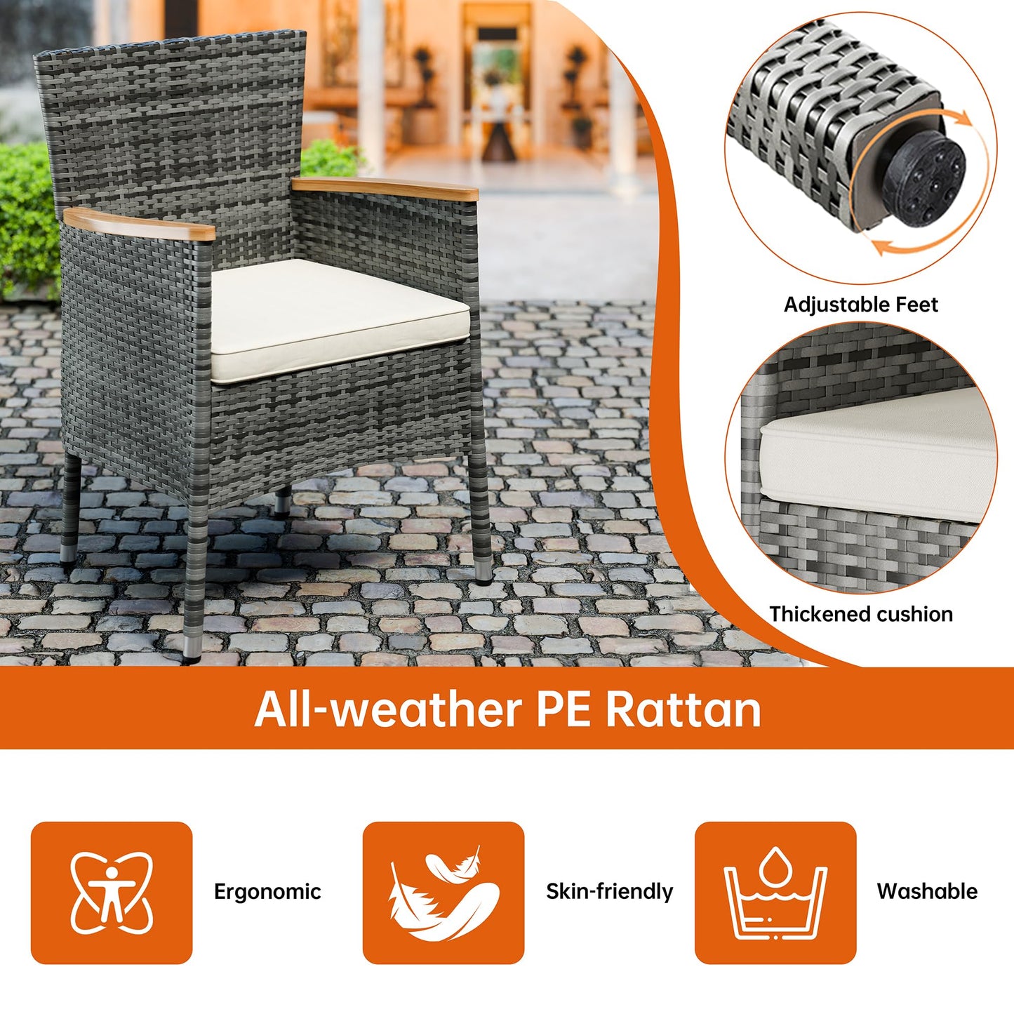 Shintenchi 7 PCS Patio Dining Set, Wicker Patio Conversation Set with Wooden Table Top, Outdoor Table and Chairs with Soft Cushions for Backyard, Deck and Garden, Grey Rattan