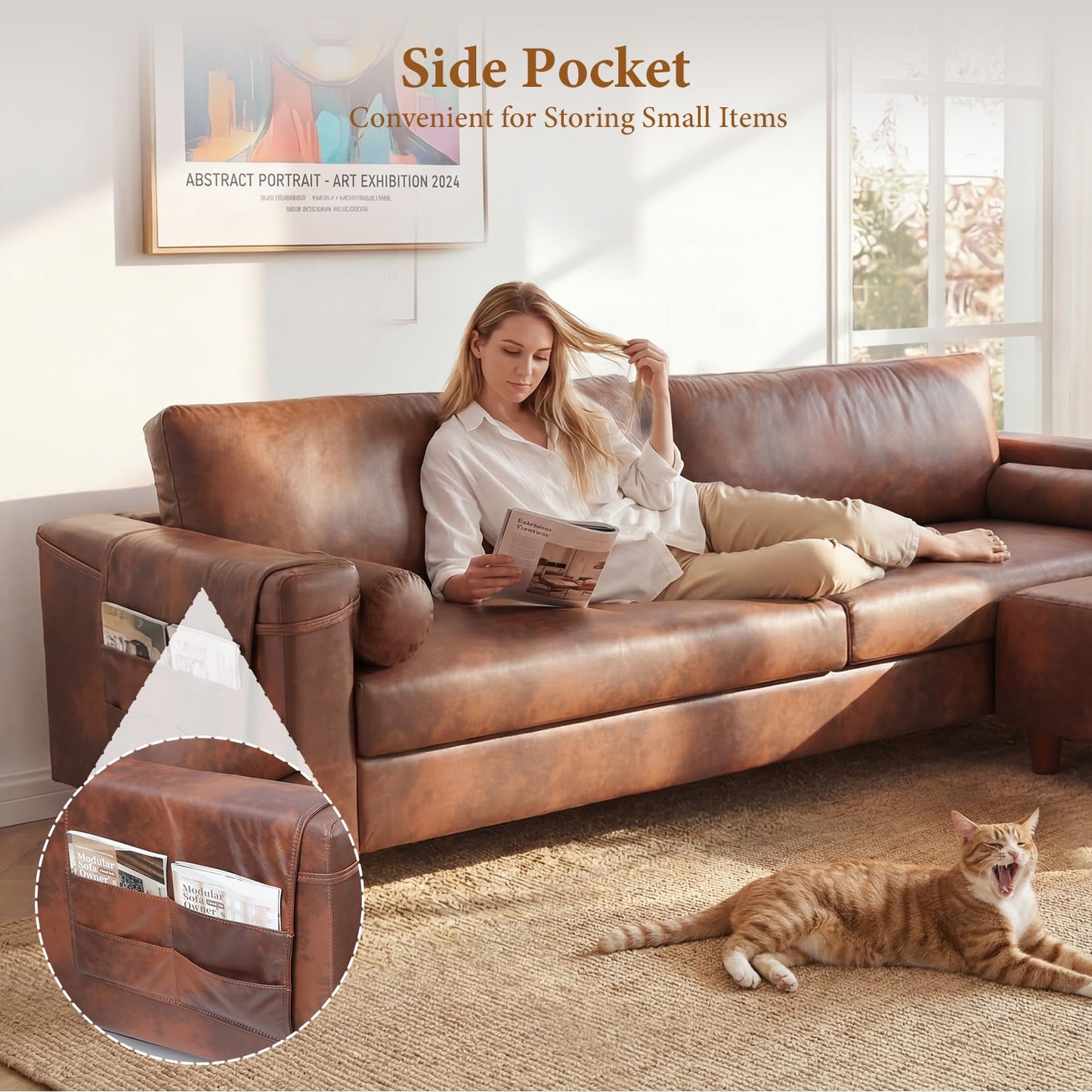 Vesgantti 100" L Shaped Faux Leather Couch with Movable Ottoman, Extra Wide Seater PU Leather Sectional Sofa with Side Pocket, Mid Century Modern Modular Sofa for Living Room, Apartment, Dark Brown