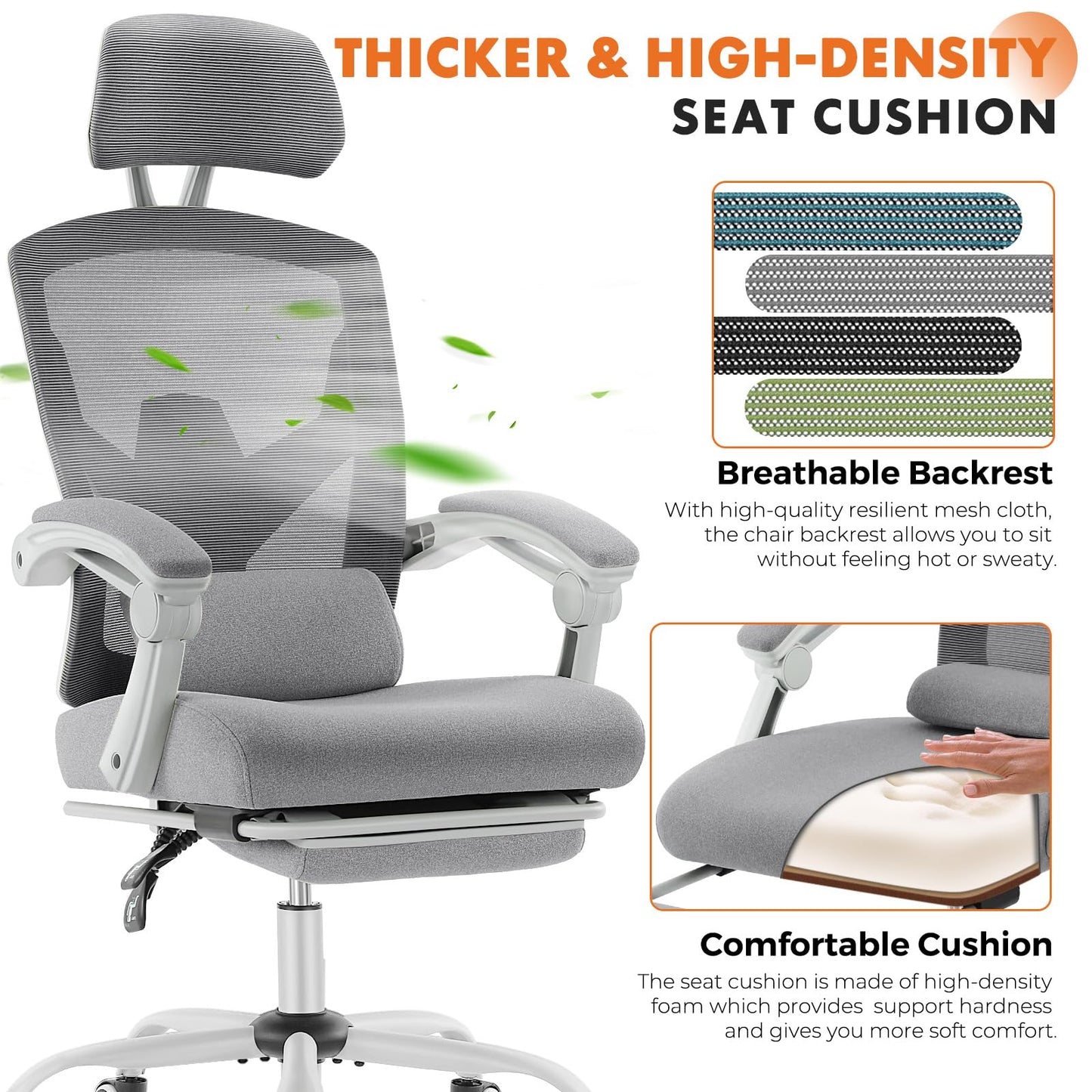 Sweetcrispy Office Computer Desk Chair Set of 2, Ergonomic High-Back Mesh Rolling Work Swivel Chairs with Wheels, Comfortable Lumbar Support, Comfy Arms for Home, Bedroom, Study, Student, Light Grey