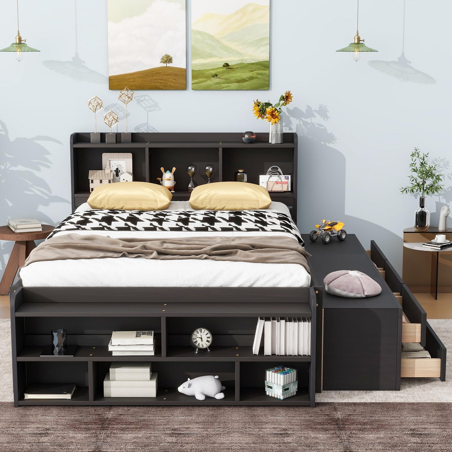 KEIKI Full Size Storage Bed Frame with Bookcase Headboard, 6 Underbed Drawers and Bed End Storage Case, Wooden Platform Bed with Shelves and Storage Cabinet for Small Bedrooms, Espresso