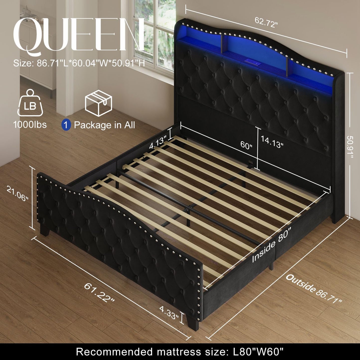 Belffin Queen Size Bed Frame and Headboard, 50.9" Velvet Upholstered Wingback Bedframe with LED Lights & Storage/Charging Station, Button Tufted Tall Footboard, No Box Spring Needed, Noise-Free, Black