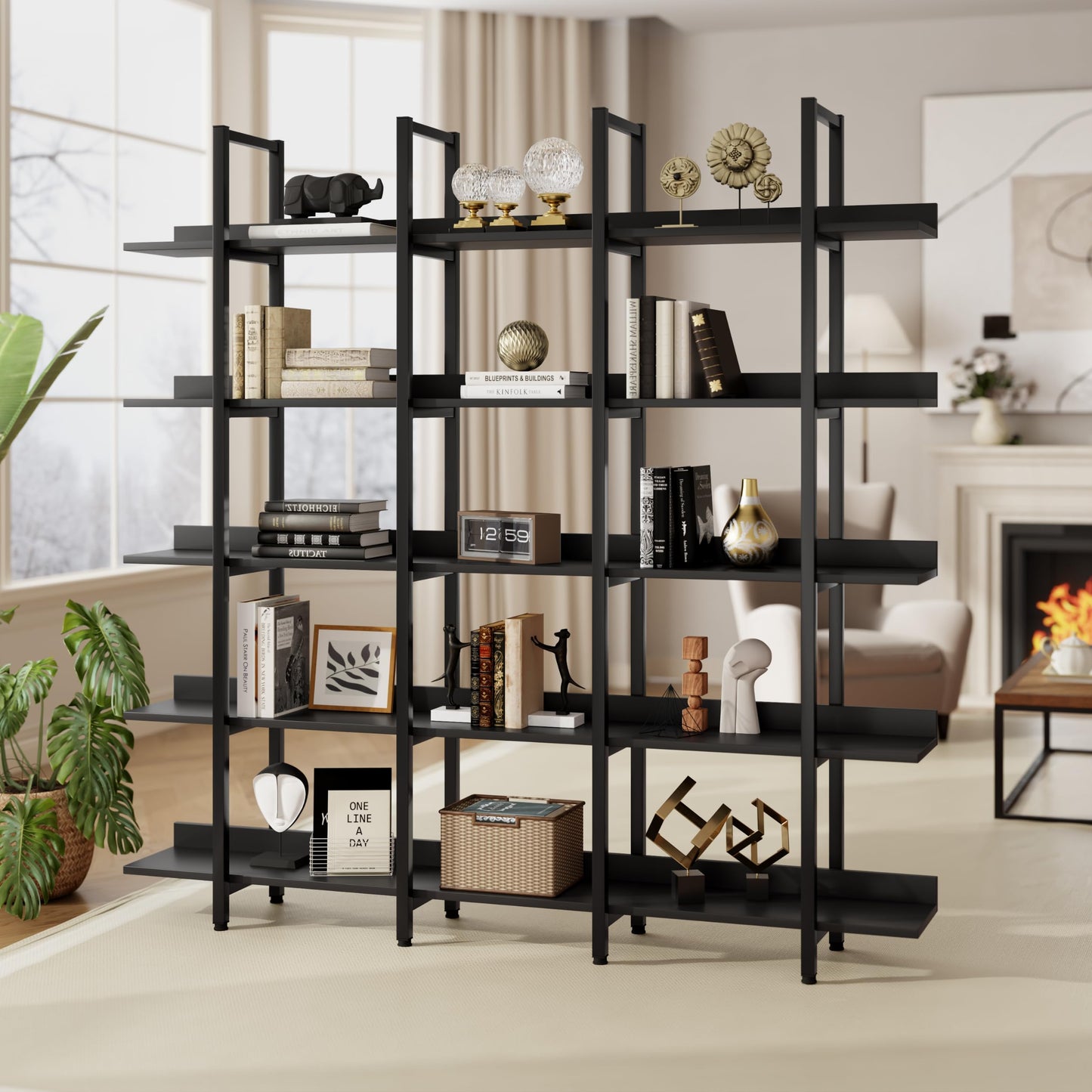 5-Shelf Bookcase, Large Open Bookshelf Modern Industrial Style, Open Display Shelves with Metal Frame for Living Room, Black