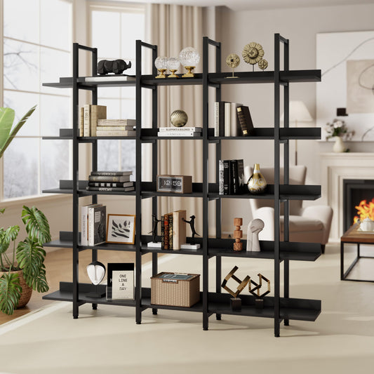5-Shelf Bookcase, Large Open Bookshelf Modern Industrial Style, Open Display Shelves with Metal Frame for Living Room, Black