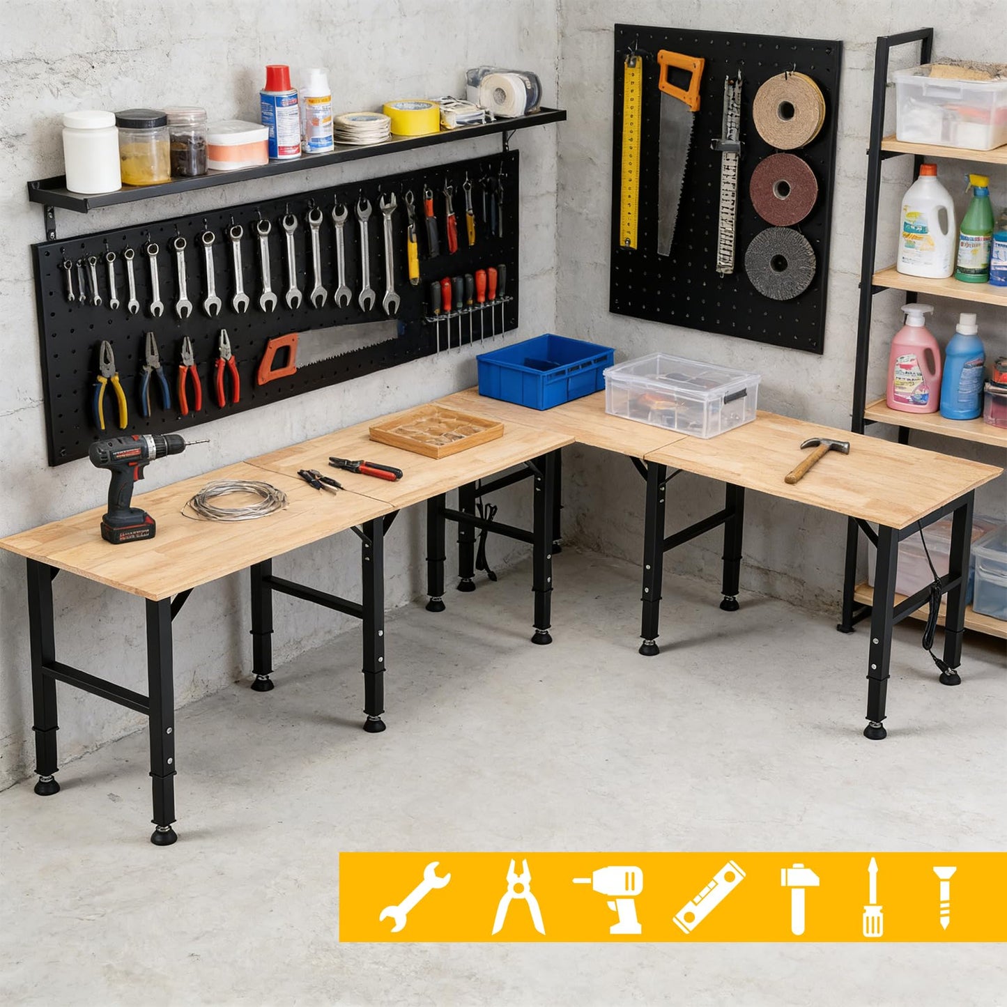 OLBRUS 68 "Adjustable Workbench with Power Outlet - Work Bench Table Heavy Duty 1500 LBS Load Capacity, Hardwood Work Table for Garage, Workshop, Office, Home