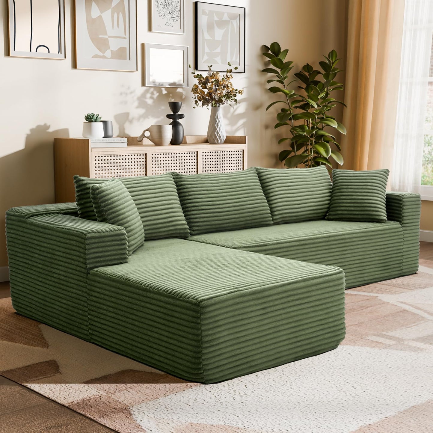 TRUNBACK 106" Modular Sectional Sofa, Green Corduroy Cloud Couch with Right Chaise, Deep Seat Boneless Floor Sofa for Living Room, High-Resilience Foam Support, No Assembly Required, Includes Pillows
