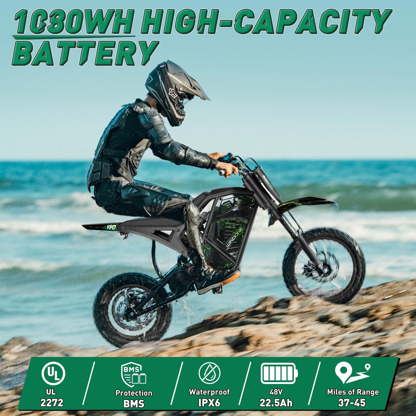 Windone RM7 Electric Dirt Bike, 48V 22.5Ah, 37MPH & 45-Mile Electric Motorcycle, 2200W Ebike, 14"/12" Off-Road Tire E-Bike, Dual Hydraulic Brakes, Full Suspension, Fit Age 13+, Green Lightning