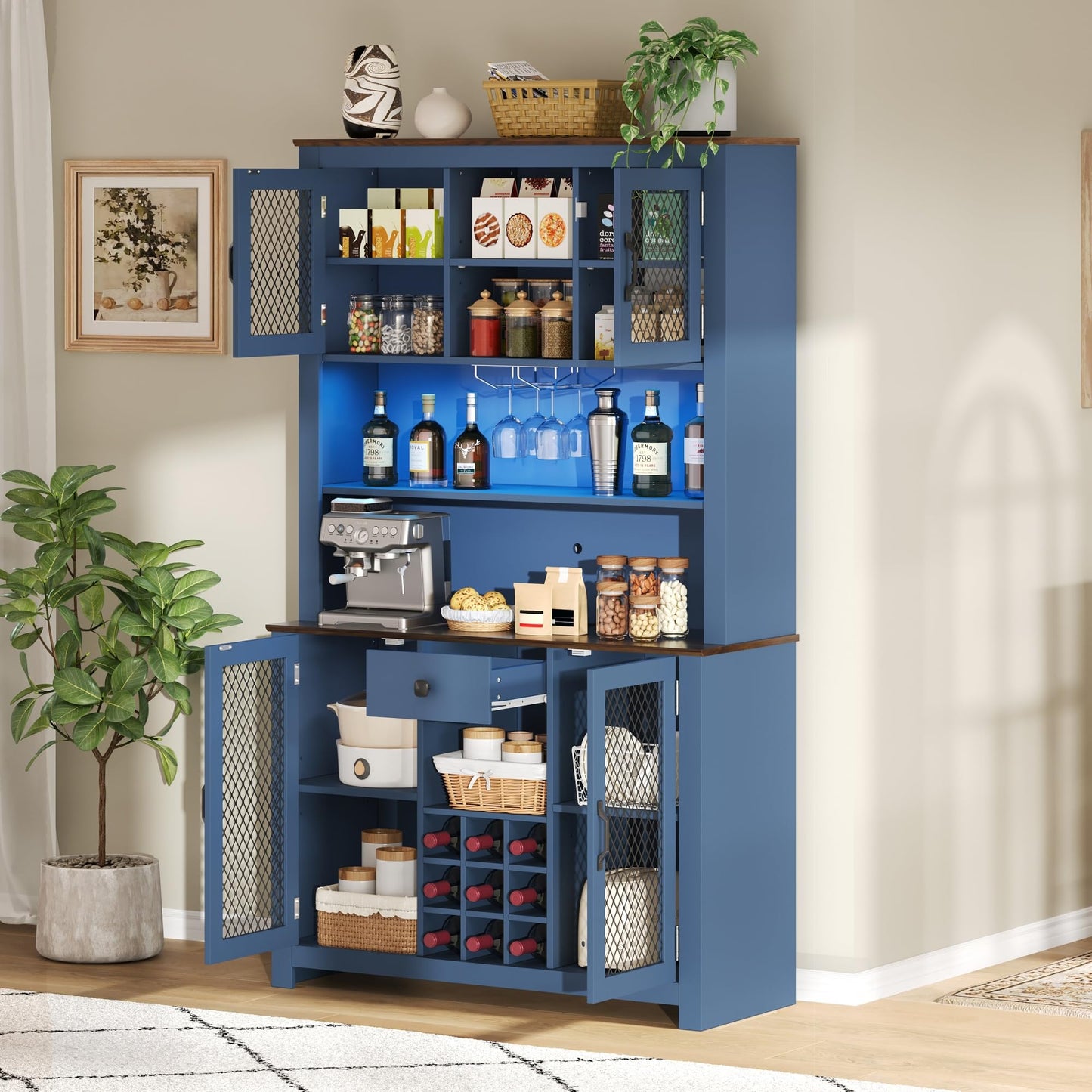 Merax 70.9" Tall Kitchen Pantry Storage Cabinet with Charging Station and LED Lights, Rustic Kitchen Hutch Food Pantries with Wine Rack, Drawer & Adjustable Shelves for Dining Room, Navy Blue