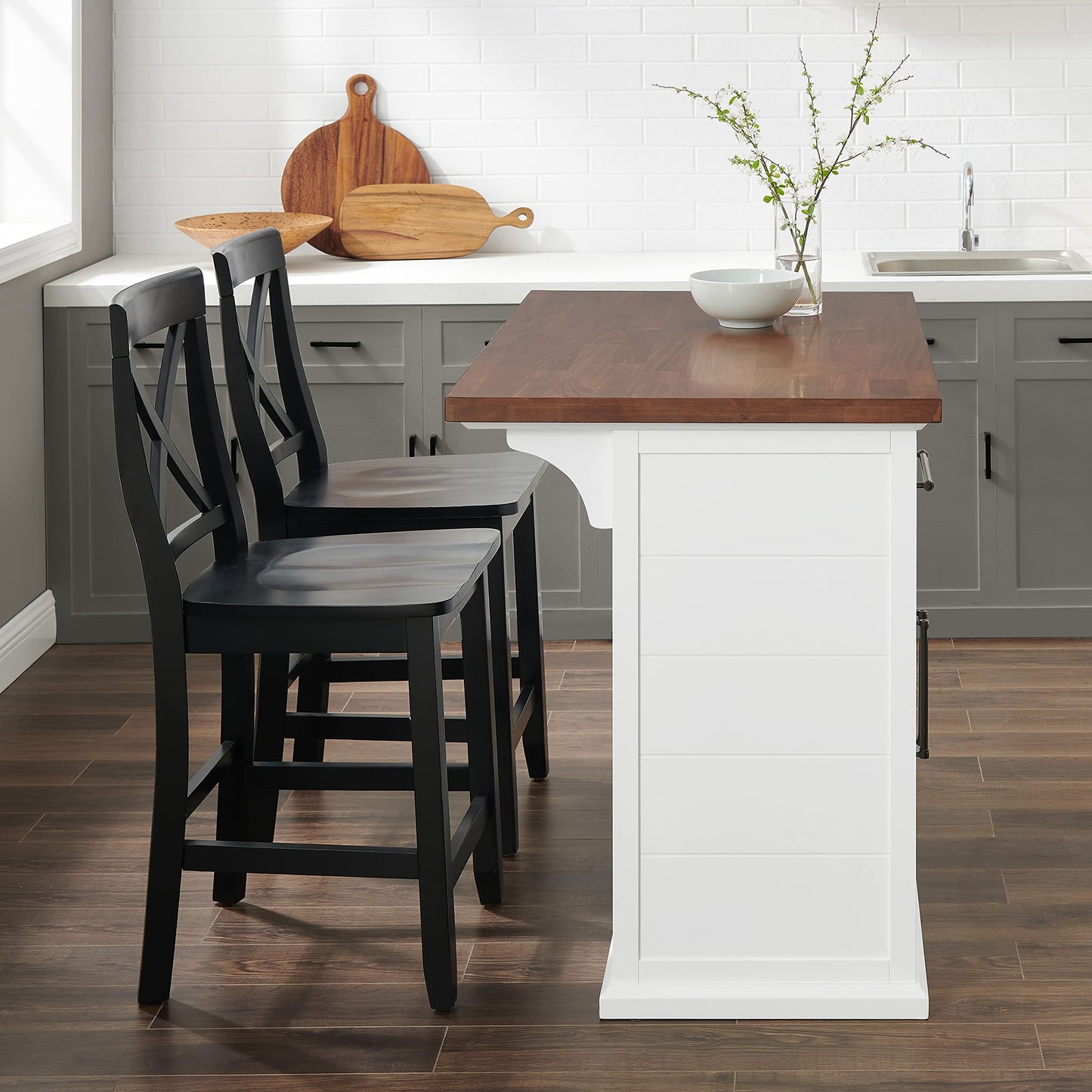 Crosley Furniture Bartlett Kitchen Island with Wood Top and X-Back Stools, White/Black