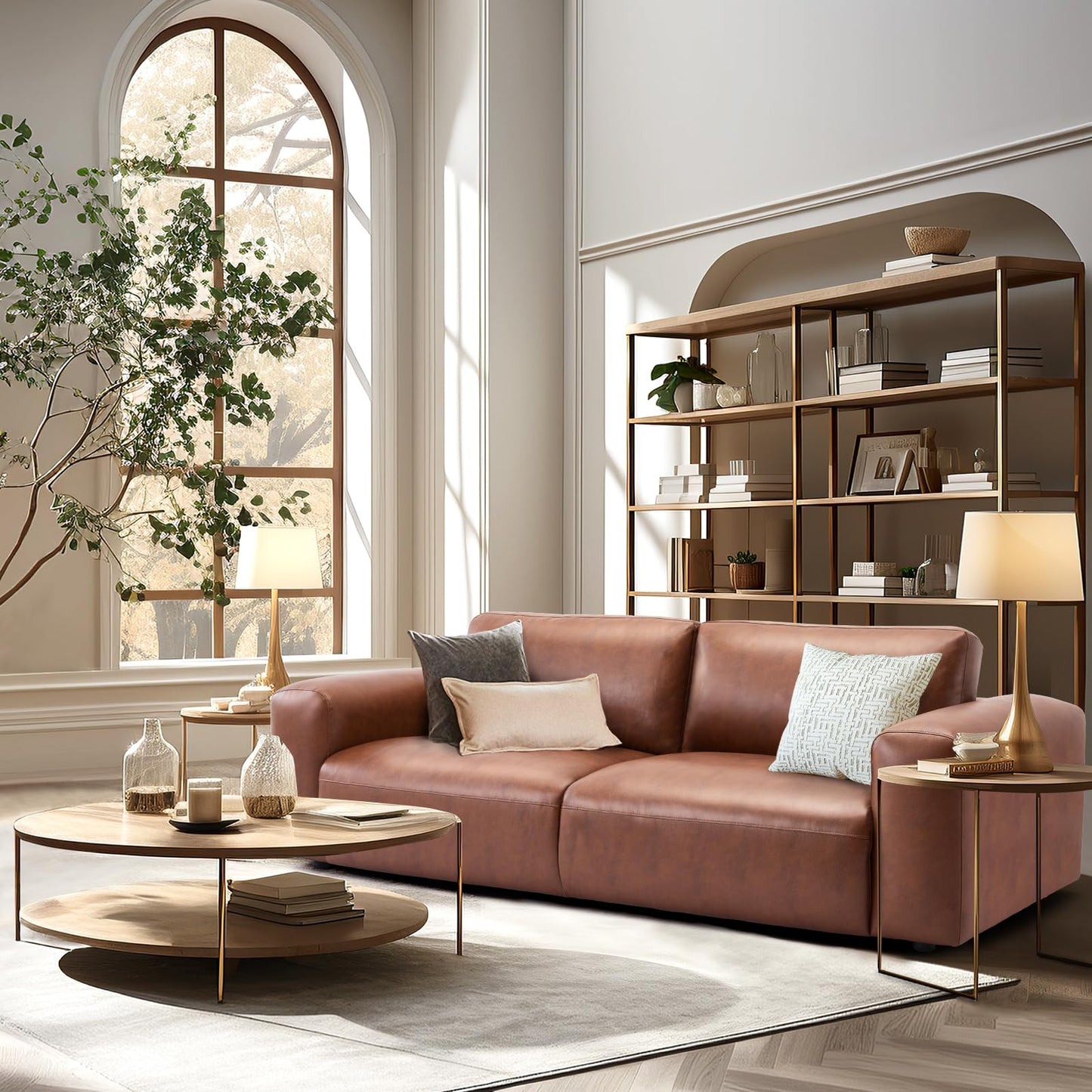 COLAMY 95" Oversized PU Leather Sofa for Living Room, Comfy Sofa Couch with Extra Deep Seats, Wide Arm, Down Filled 3-Seater Modern Sofa for Apartment Lounge-Auburn