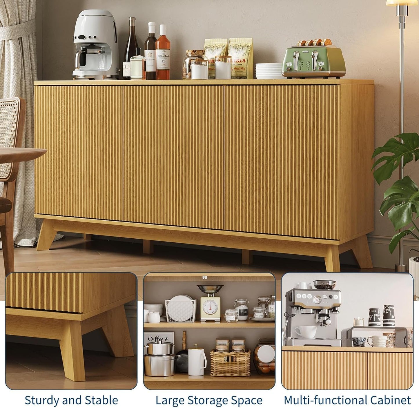 58" Modern Farmhouse Sideboard Buffet Cabinet with Curved Fluted Doors, 4 Doors & Adjustable Shelves, Wood Storage Buffet Console Table for Dining Room, Kitchen, Living Room, Coffee Bar