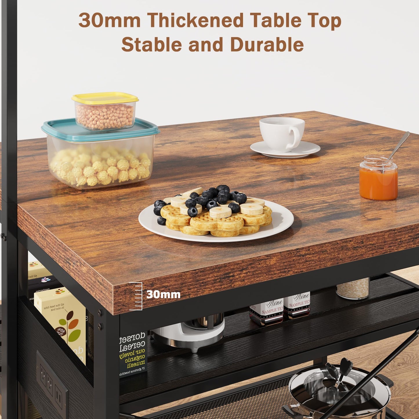 GarveeHome 47 in Kitchen Island with Power Outlet & Storage - Large Bakers Rack, Microwave Stand with 3-Tier Shelves & 5 Hooks for Pantry Organization