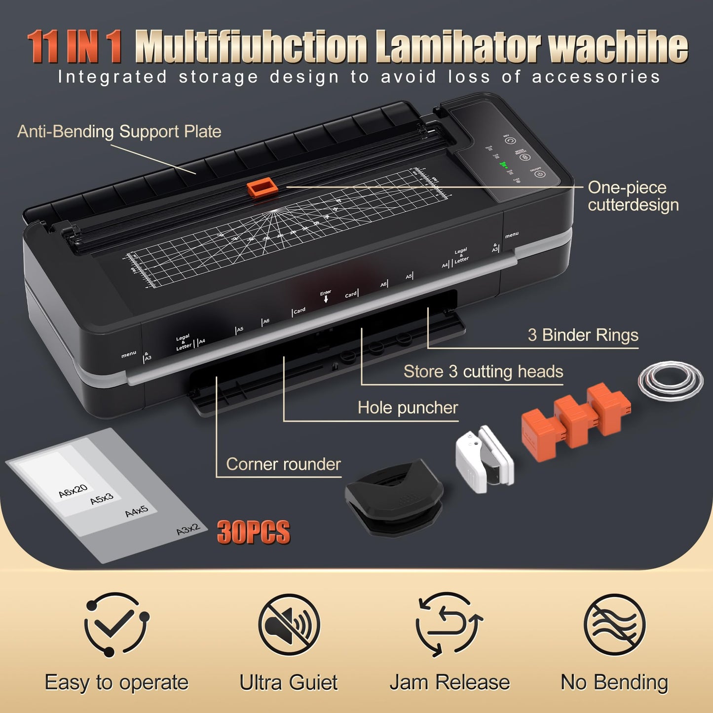 13" Heavy-Duty 4-Roller Laminator Machine, Fast 55s Warm-Up, 3-10 Mil A3/11x17 Laminating Machine, 1000mm/min Speed, Auto-Reverse Jam Prevention, Includes 30-Sheets for Office & School (Black)