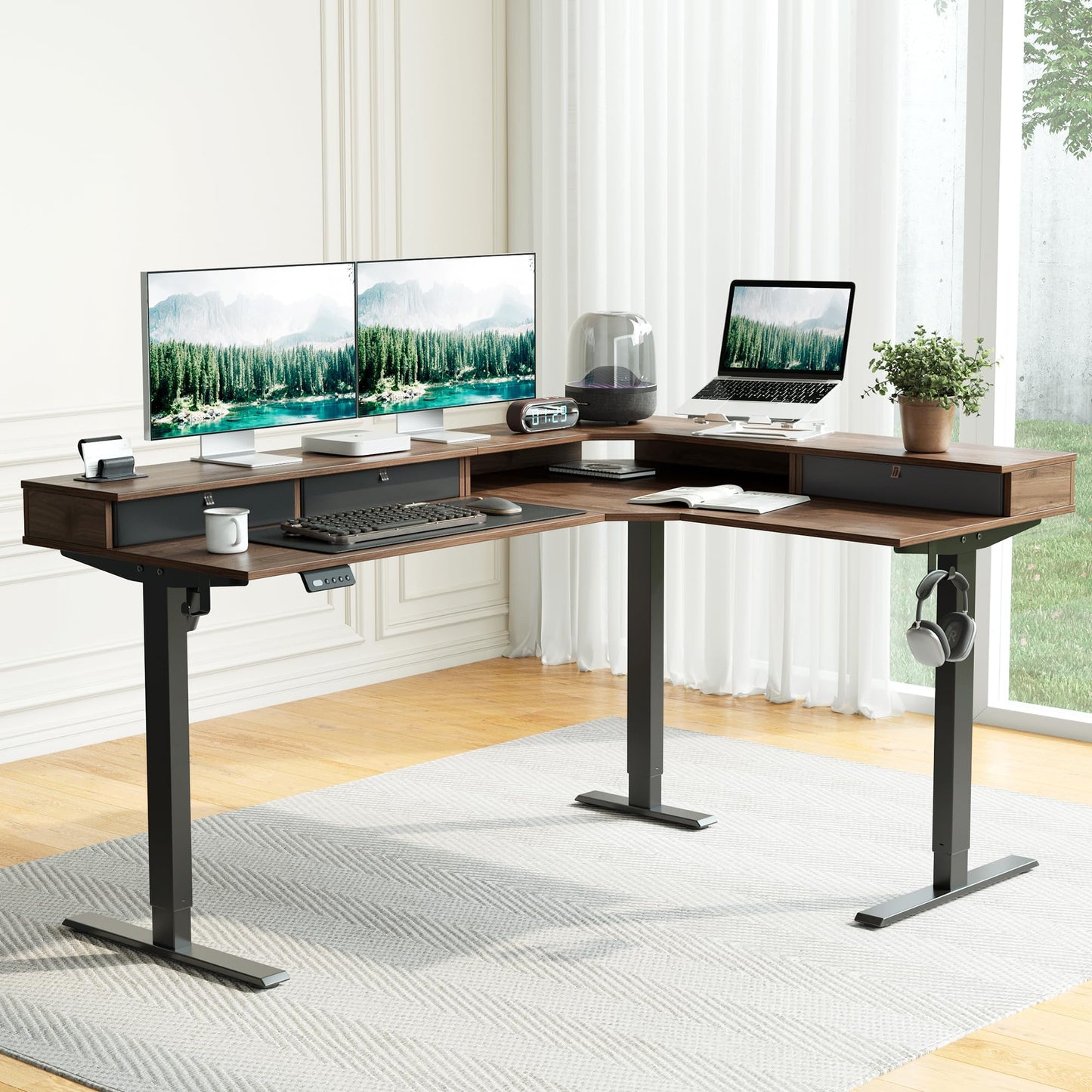 CubiCubi 63x48 Inches L Shaped Standing Desk with 3 Drawers and Monitor Shelf, Height Adjustable Corner Computer Desk with Hooks, Sit Stand Up Ergonomic Home Office Workstation Table, Deep Walnut