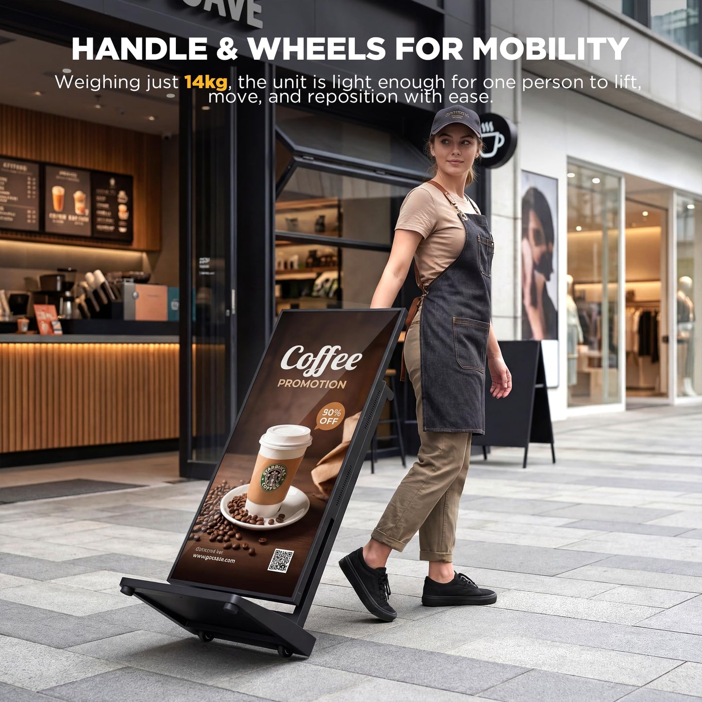 JASZDOT 43 Inch Digital Signage Display, 4K 800 Nits UHD Full Screen LCD Advertising Kiosk, Portable Floor Standing Auto AD Player Android14 App-Based Control with USB/HDMI/WiFi