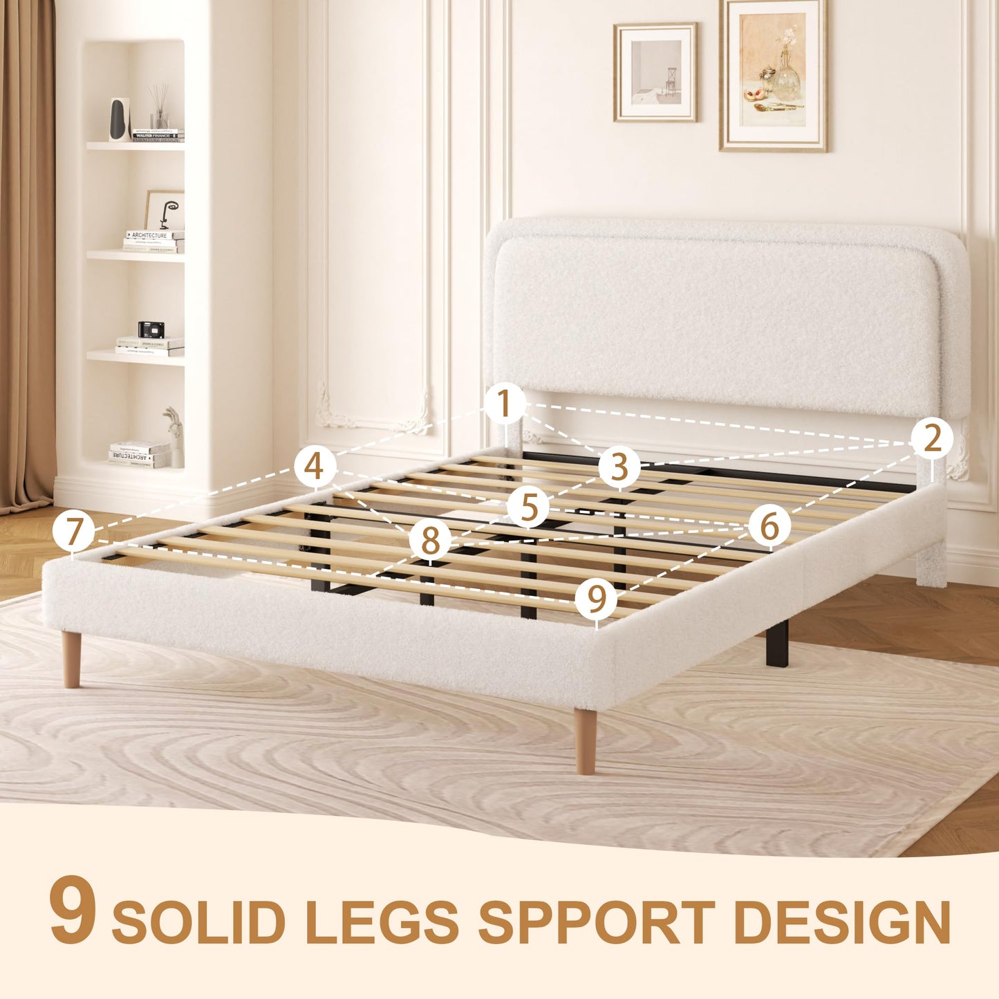 viplov King Size Boucle Upholstered Platform Bed Frame with Adjustable Headboard, Soft Cloud Bed, No Box Spring Needed, Noise Free, Easy Assembly, White