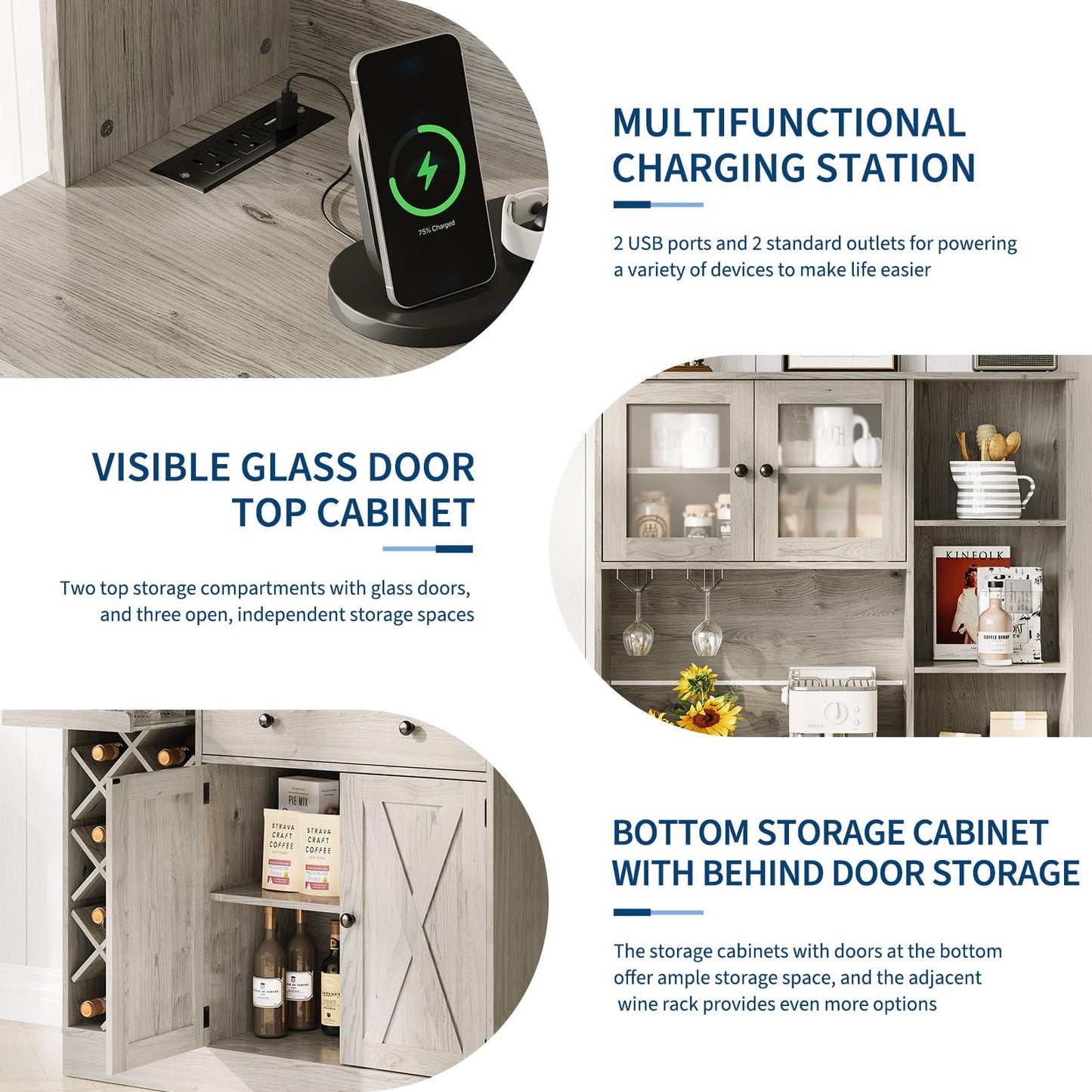 Coffee Bar Cabinet with Power Outlet & Exquisite Barn Doors, Sideboard Buffet Cabinet with Wine Bottle Rack, Storage Cabinet for Kitchen, Dining Room