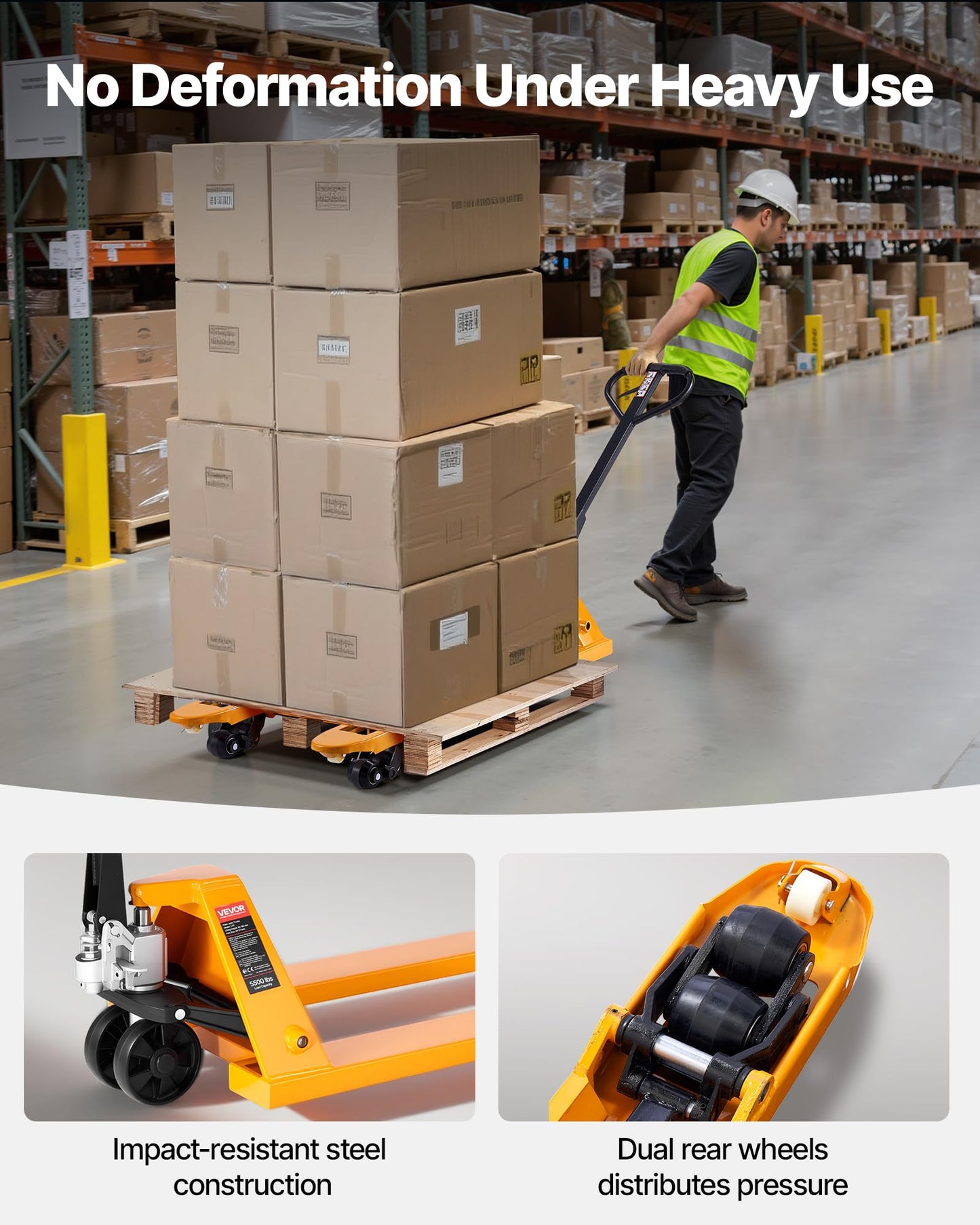 VEVOR Pallet Jack, 5500 lbs Load Capacity, Manual Pallet Truck with 48L x 27W Inch Forks for Material Handling, 3.35-7.1 Inch Fork Lift Height Range, Suitable for Warehouse, Supermarket, Manufacturing