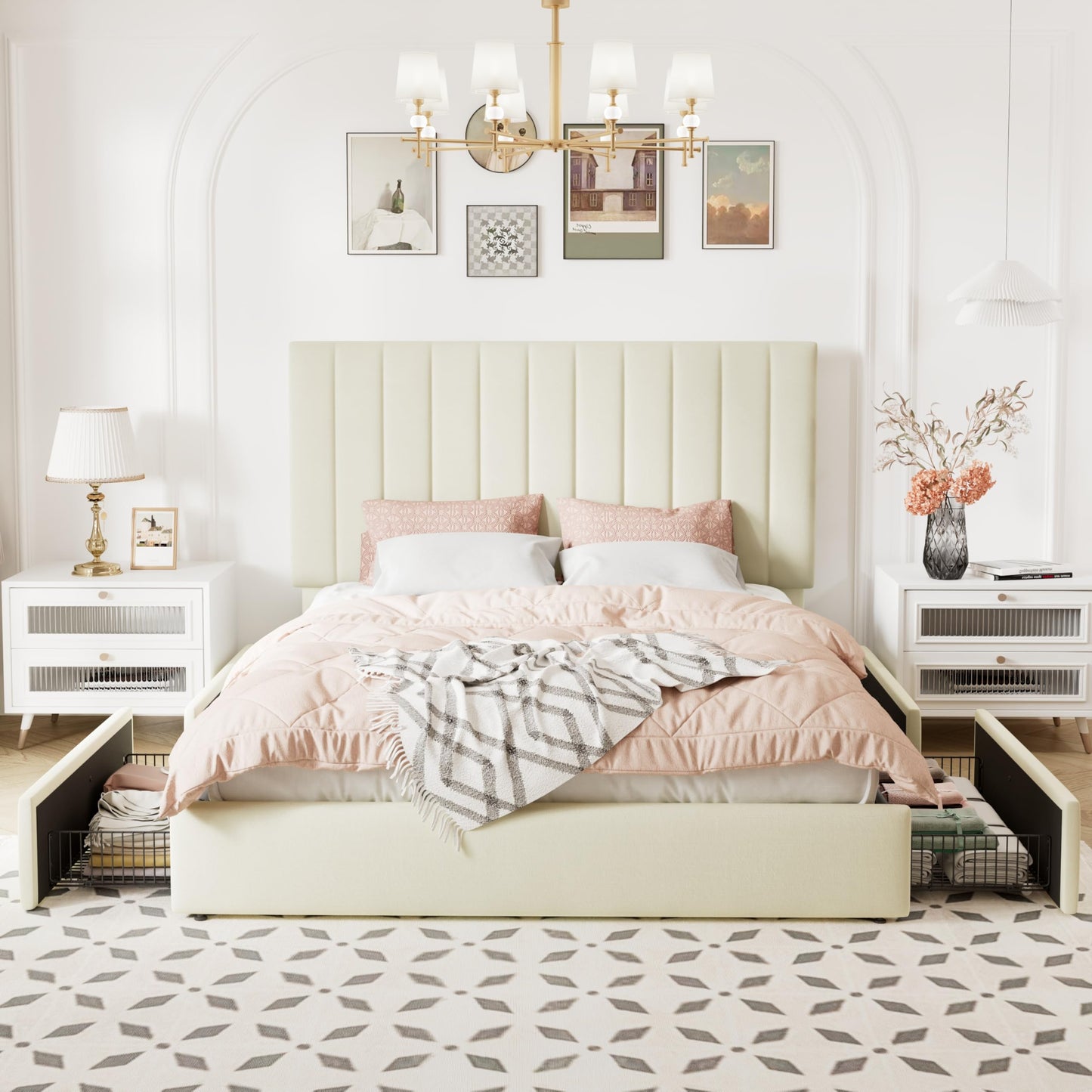 Allewie Full Size Storage Bed Frame, Vertical Channel Tufted Adjustable Headboard, Velvet Upholstered Platform Bed with 4 Oversized Underbed Drawers, Wooden Slats Support, No Box Spring Needed, Cream