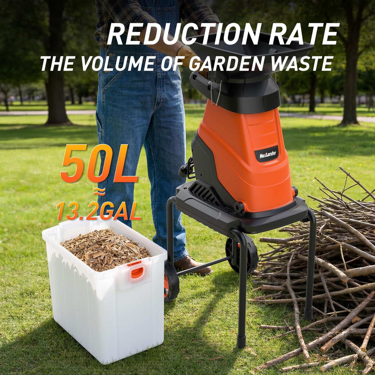 MAXLANDER 15-Amp Electric Wood Chipper Shredder, 1.78-Inch Cutting Capacity, 15:1 Reduction Ratio, Yard Mulcher with 50L Collection Bin, Corded Garden Shredder for Branches & Twigs