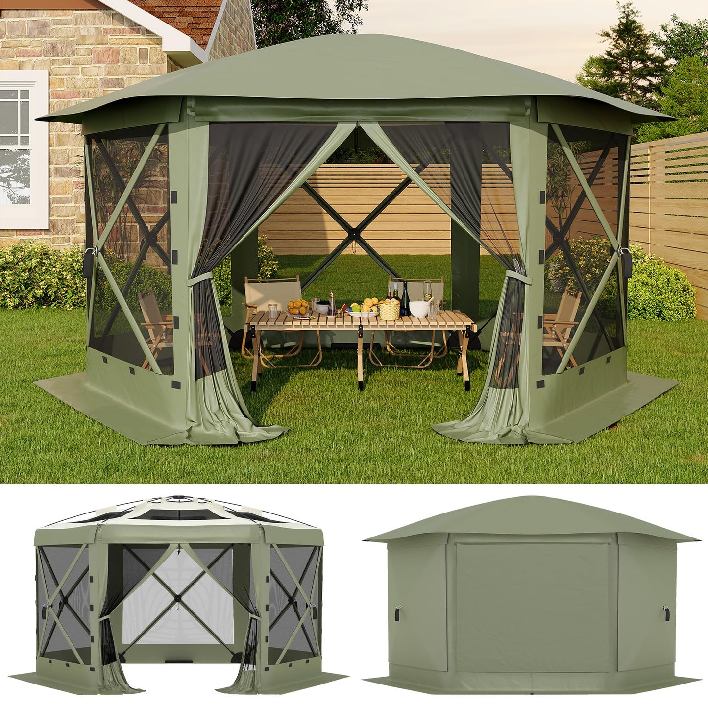 GarveeLife 11.5x11.5FT 6-Sided Pop Up Gazebo Tent，One-Push Setup Canopy Tent with Mesh Panels & Removable Wind Cloths, Outdoor shelter for Camping, Backyard Parties, Outdoor Events - Army Green