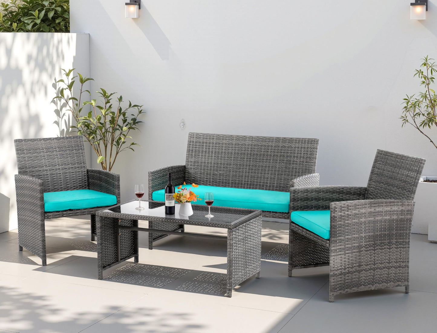 4 Piece Patio Ratten Set Outdoor Furniture Set Wicker Conversation Sets with Cushions and Tempered Glass Tabletop,Blue
