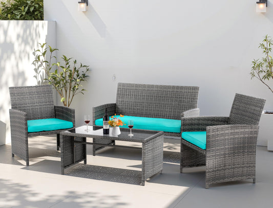 4 Piece Patio Ratten Set Outdoor Furniture Set Wicker Conversation Sets with Cushions and Tempered Glass Tabletop,Blue
