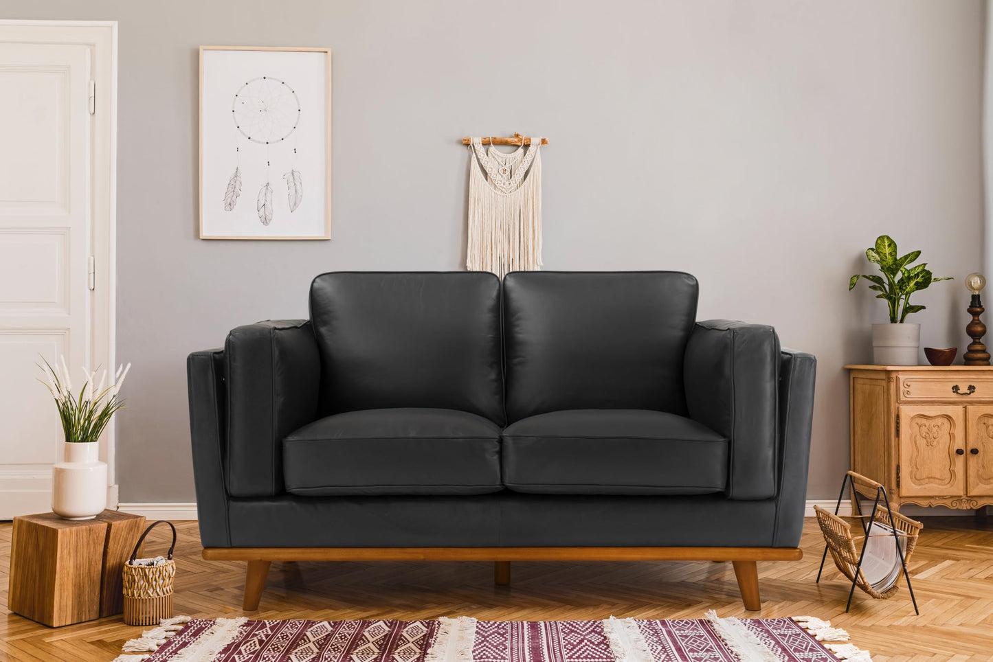 Valencia Artisan Full Leather Loveseat Sofa 66”| Pure Full Italian Nappa Leather Couch, Solid Wood Accent, Ultimate Comfort, Black