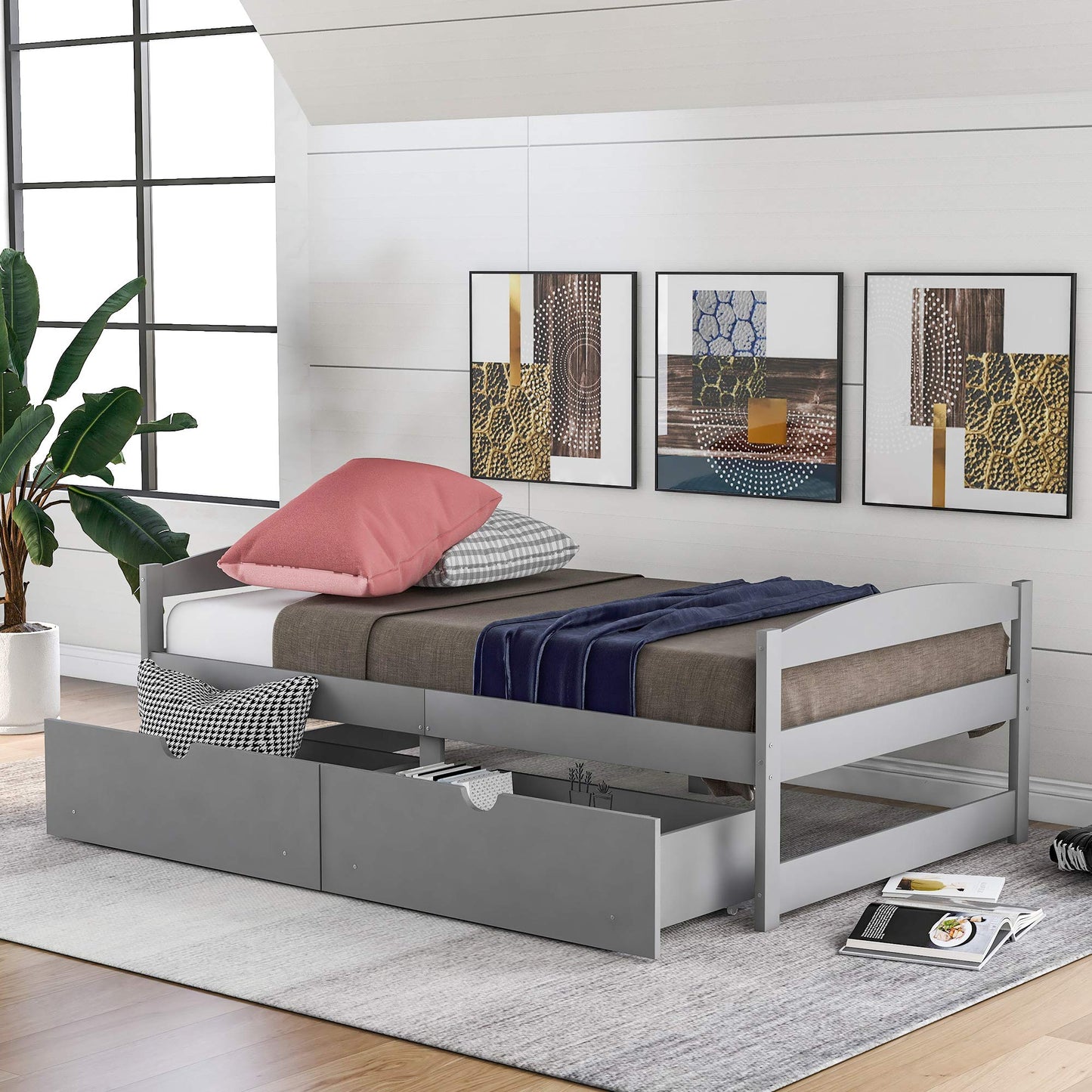 Merax Classic Solid Wood Day Bed with Storage Drawers Platform Bed for Living Room Beedroom Twin Grey